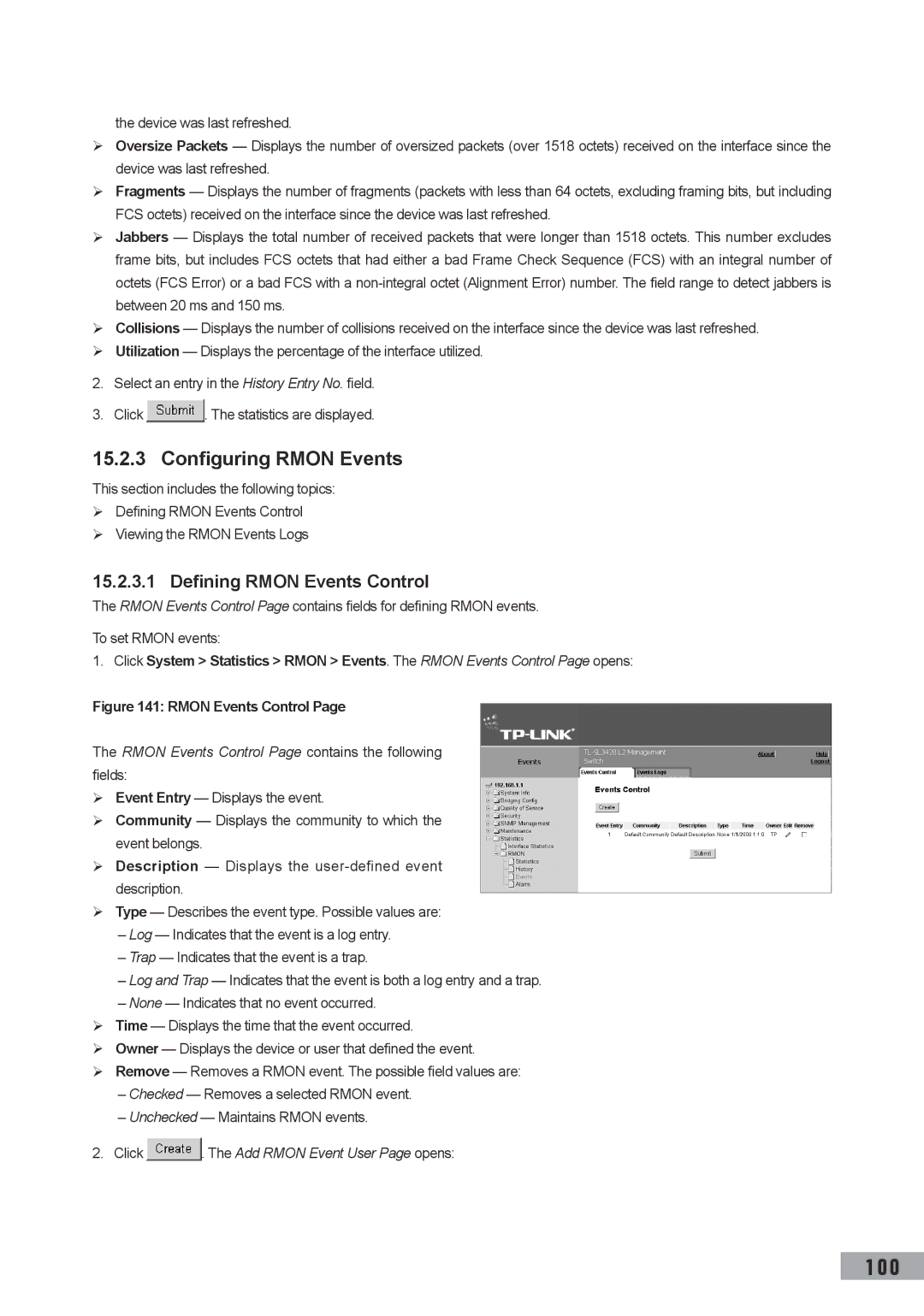 TP-Link TL-SG3109 manual Configuring Rmon Events, Defining Rmon Events Control, Click . The Add Rmon Event User Page opens 