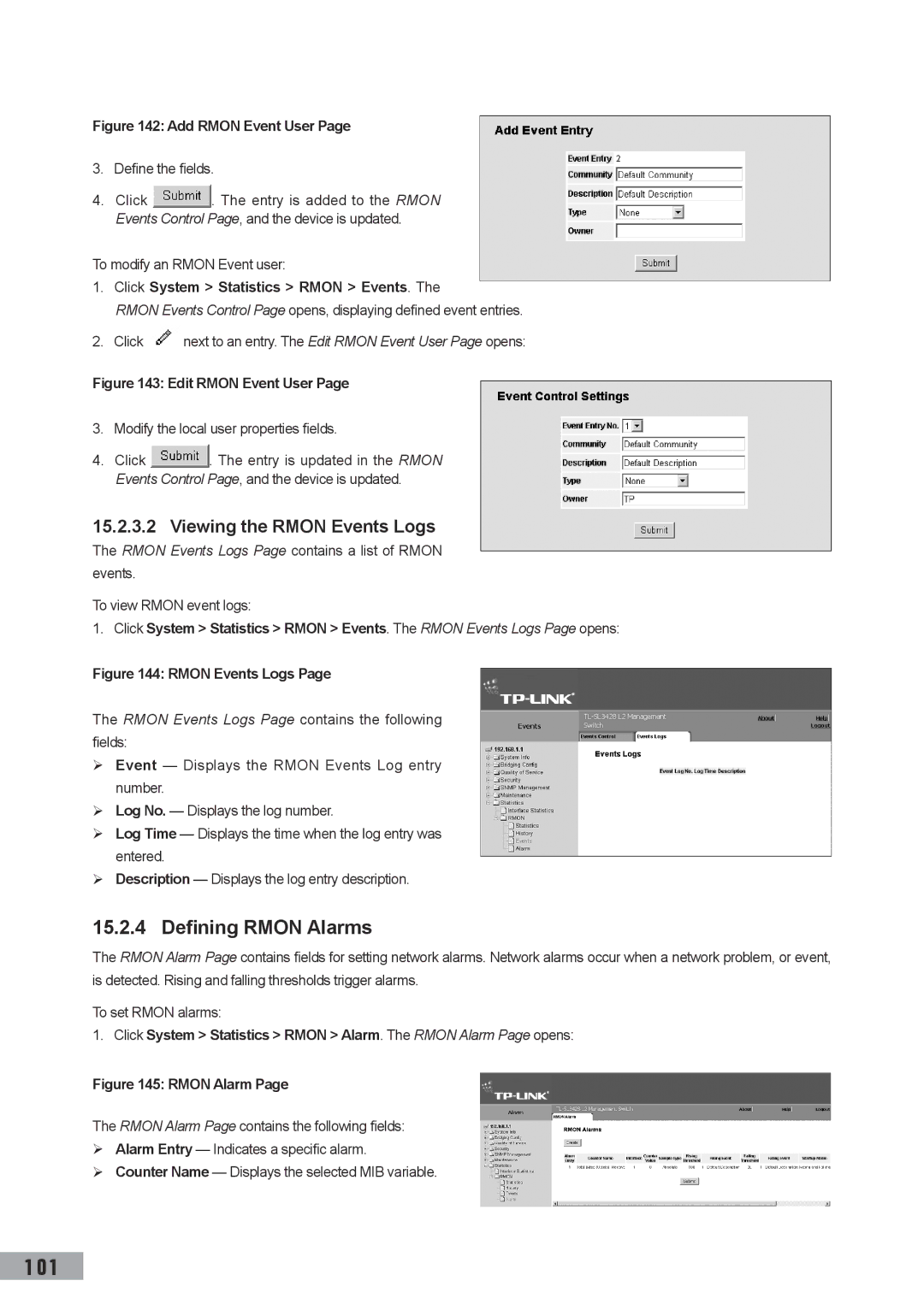 TP-Link TL-SL3452, TL-SL3428 manual Defining Rmon Alarms, Viewing the Rmon Events Logs, Click System Statistics Rmon Events 