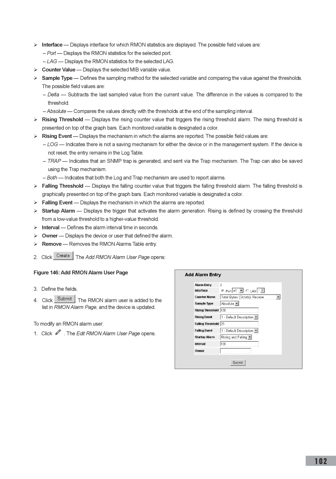 TP-Link TL-SL3428, TL-SL3452, TL-SG3109 manual Click . The Add Rmon Alarm User Page opens, To modify an Rmon alarm user 