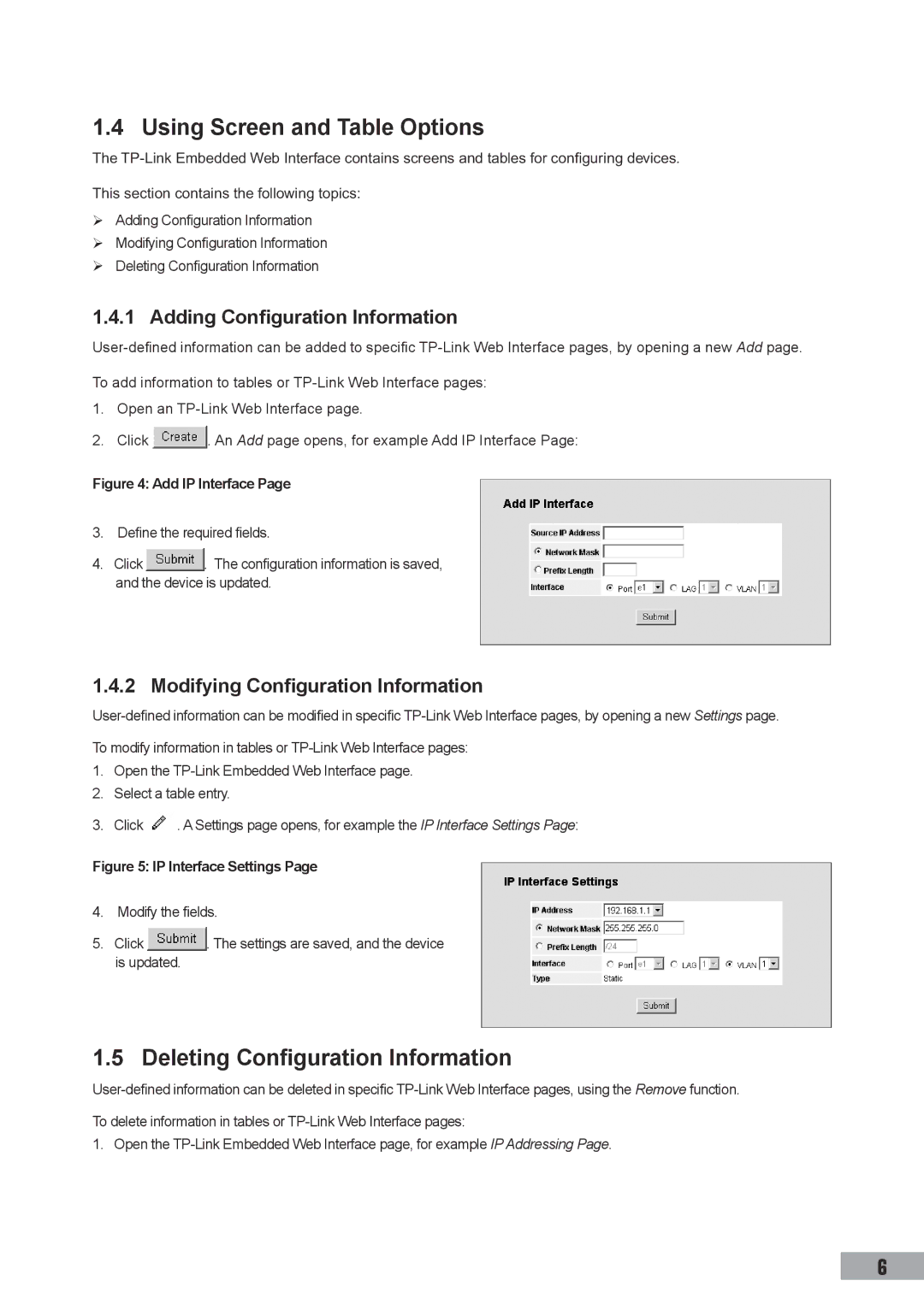 TP-Link TL-SL3428 Using Screen and Table Options, Deleting Configuration Information, Adding Configuration Information 