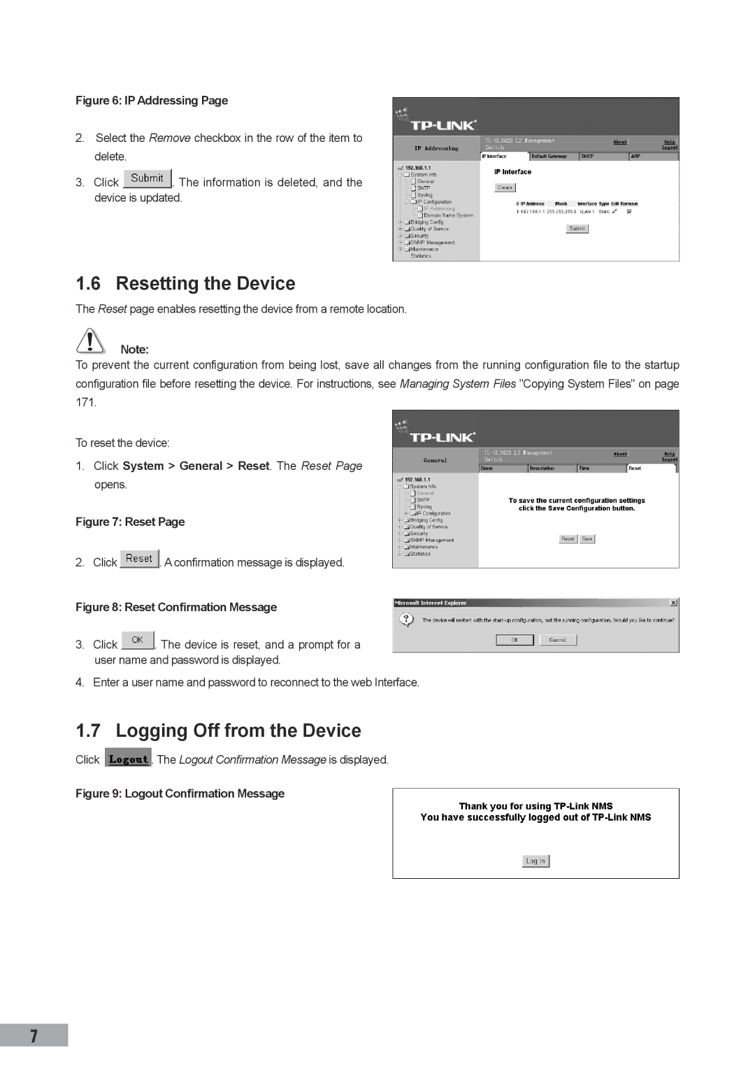 TP-Link TL-SG3109 Resetting the Device, Logging Off from the Device, Click System General Reset. The Reset Page opens 