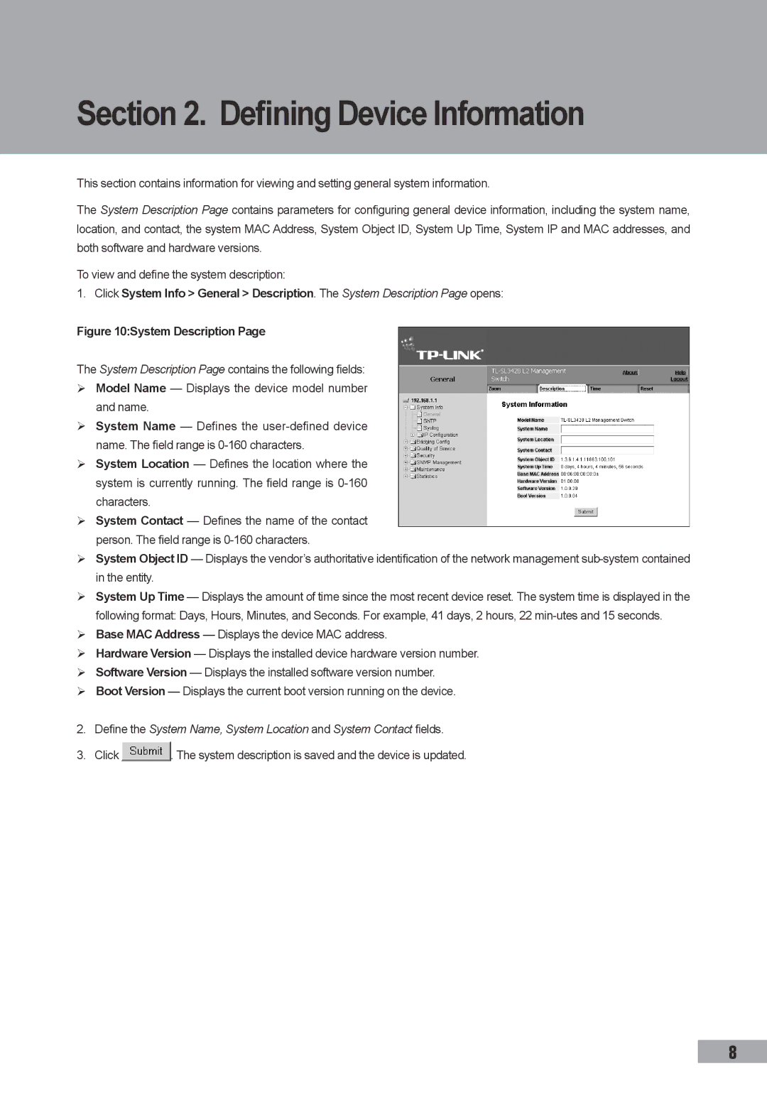 TP-Link TL-SL3452, TL-SL3428, TL-SG3109 manual Defining Device Information, System Description 