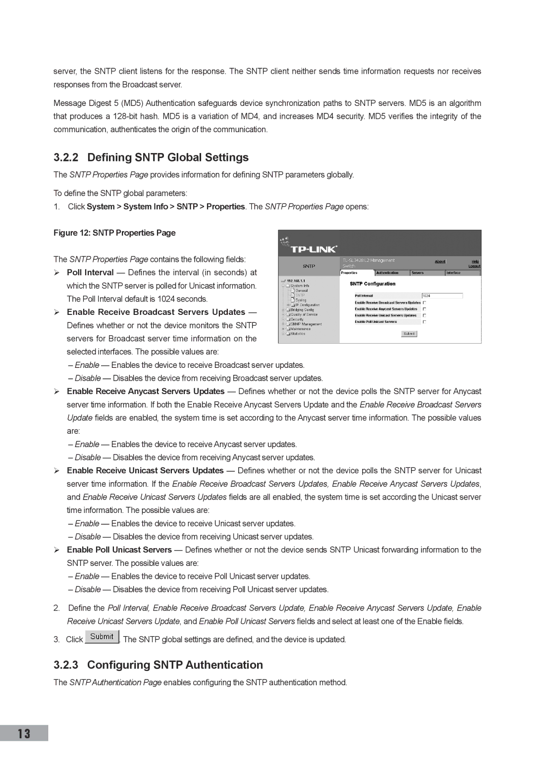 TP-Link TL-SG3109, TL-SL3452, TL-SL3428 manual Defining Sntp Global Settings, Configuring Sntp Authentication 