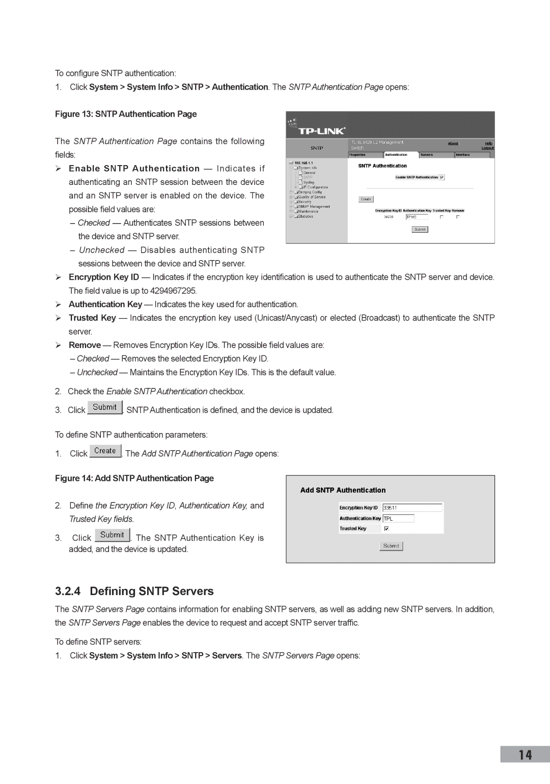 TP-Link TL-SL3452 Defining Sntp Servers, To configure Sntp authentication, Check the Enable Sntp Authentication checkbox 