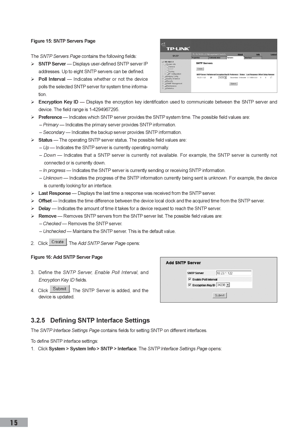 TP-Link TL-SL3428, TL-SL3452, TL-SG3109 Defining Sntp Interface Settings, Sntp Servers Page contains the following fields 