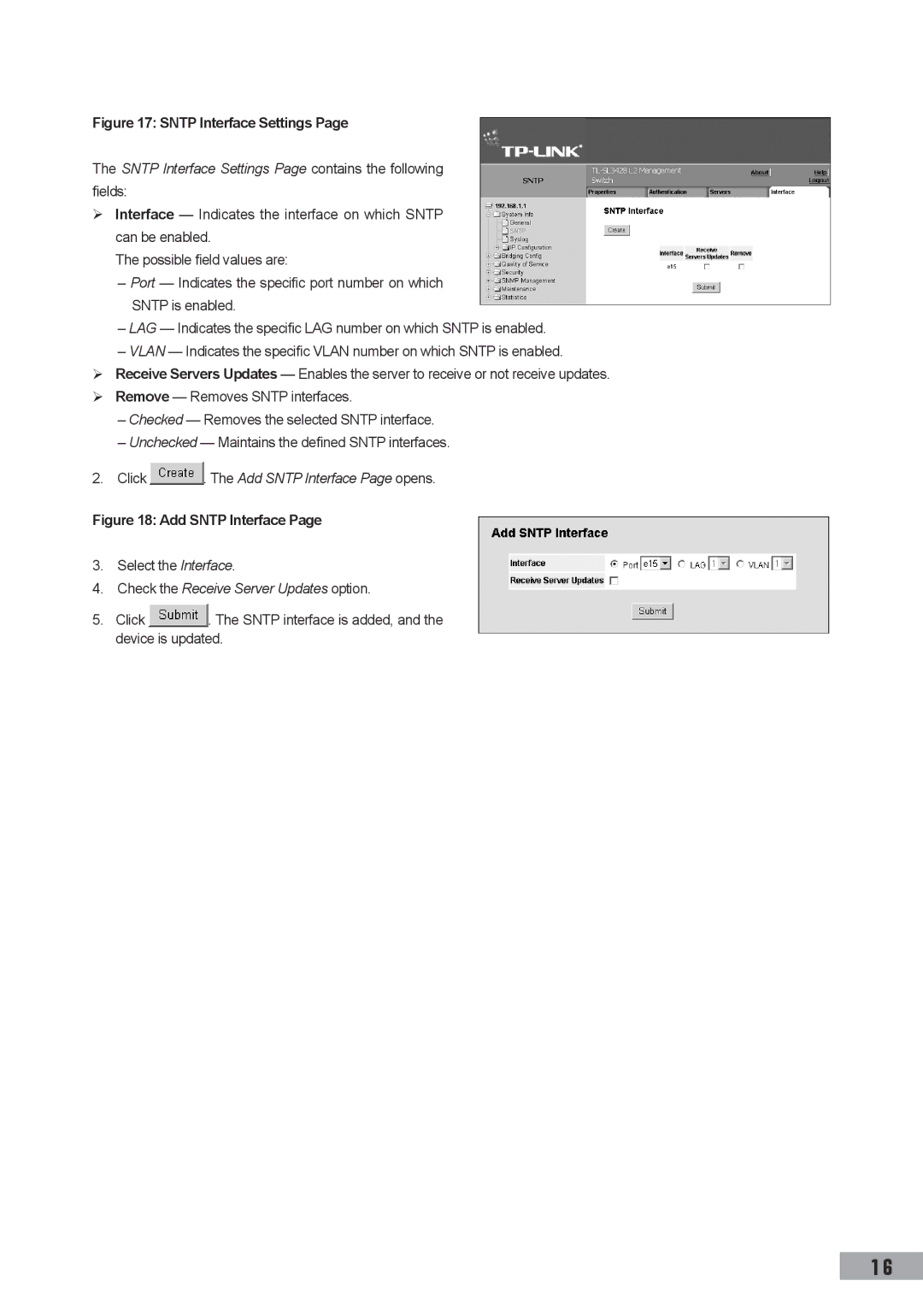 TP-Link TL-SG3109 Sntp Interface Settings Page contains the following fields, Click . The Add Sntp Interface Page opens 