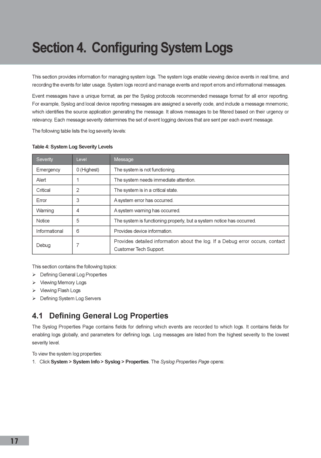 TP-Link TL-SL3452 Configuring System Logs, Defining General Log Properties, Following table lists the log severity levels 