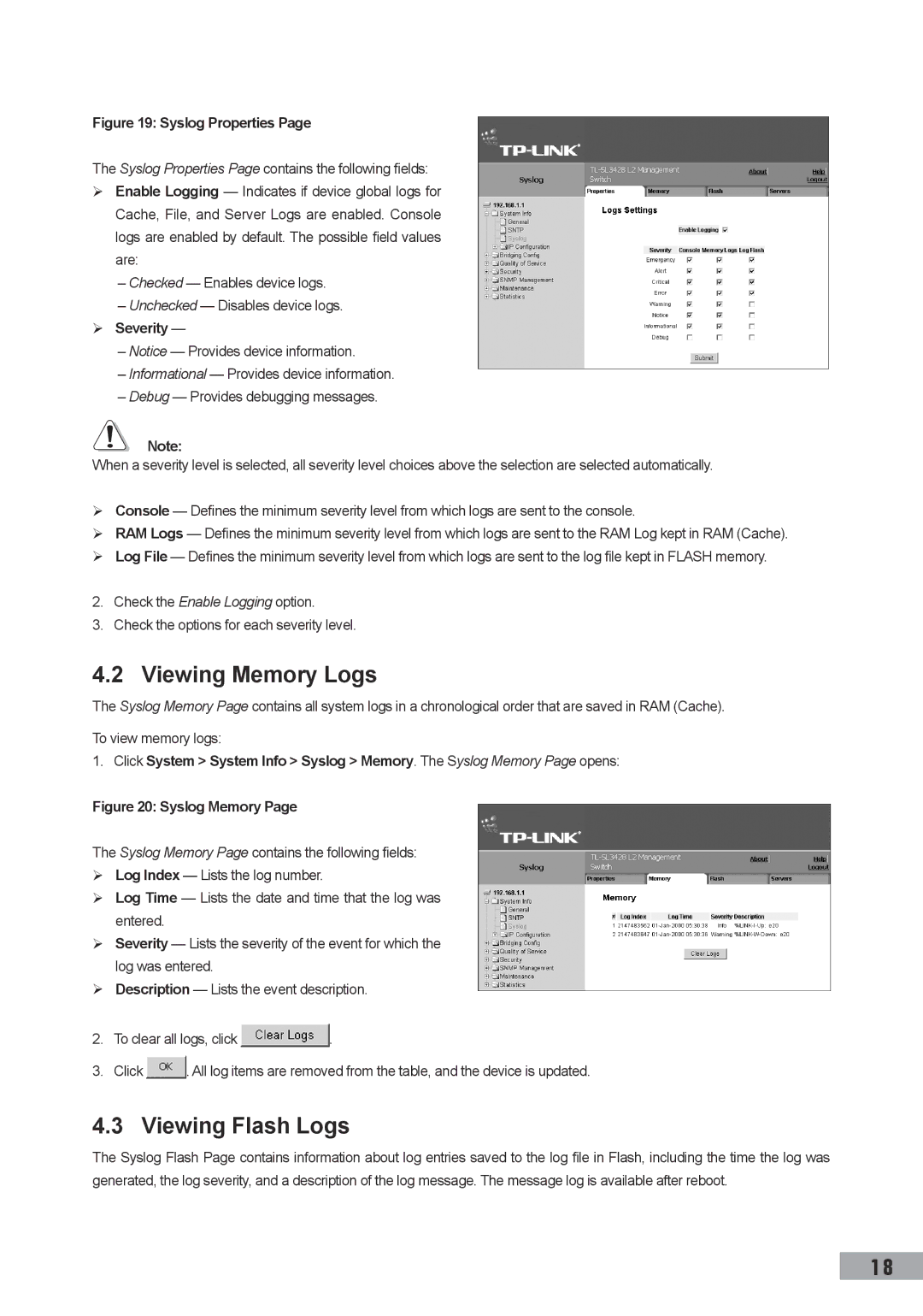 TP-Link TL-SL3428, TL-SL3452, TL-SG3109 manual Viewing Memory Logs, Viewing Flash Logs,  Severity 