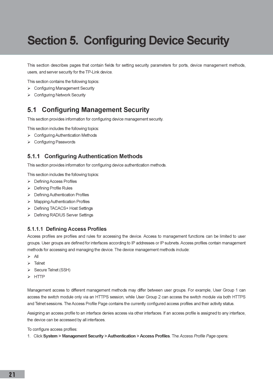 TP-Link TL-SL3428 manual Configuring Device Security, Configuring Management Security, Configuring Authentication Methods 