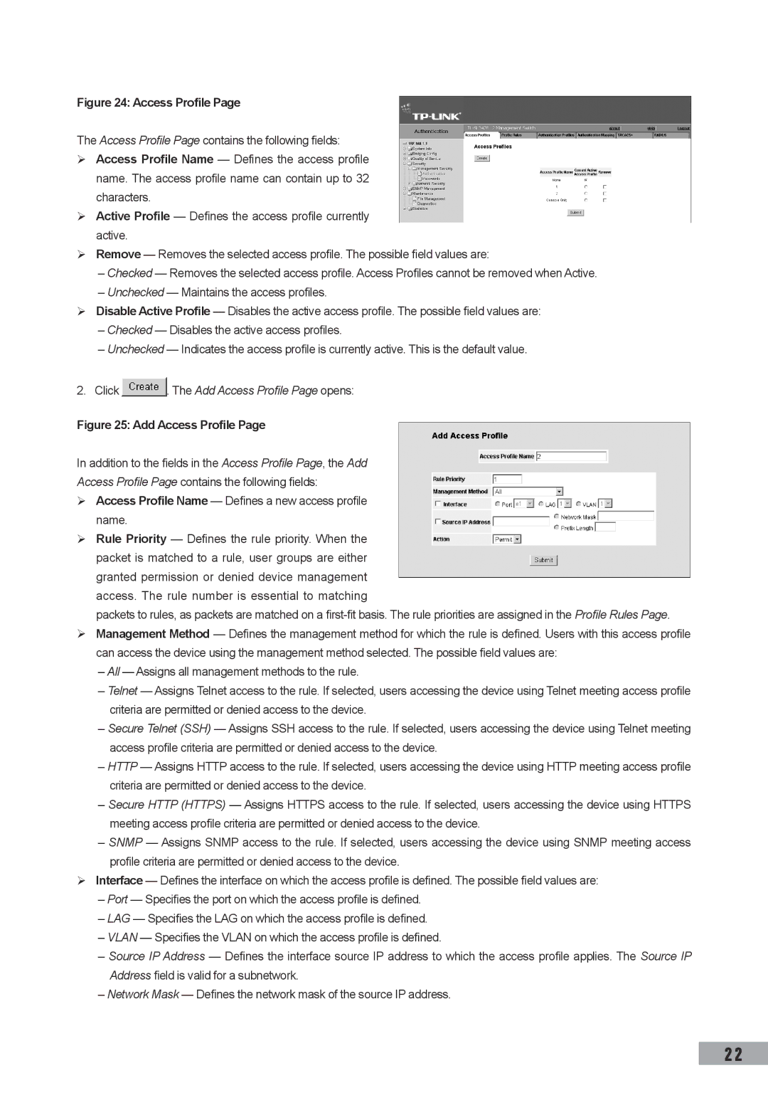 TP-Link TL-SG3109, TL-SL3452, TL-SL3428 manual Click . The Add Access Profile Page opens 