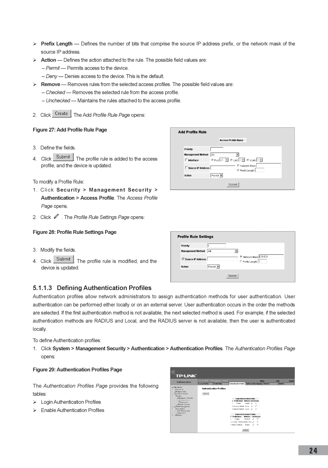 TP-Link TL-SL3428, TL-SL3452, TL-SG3109 manual Defining Authentication Profiles, Click . The Profile Rule Settings Page opens 