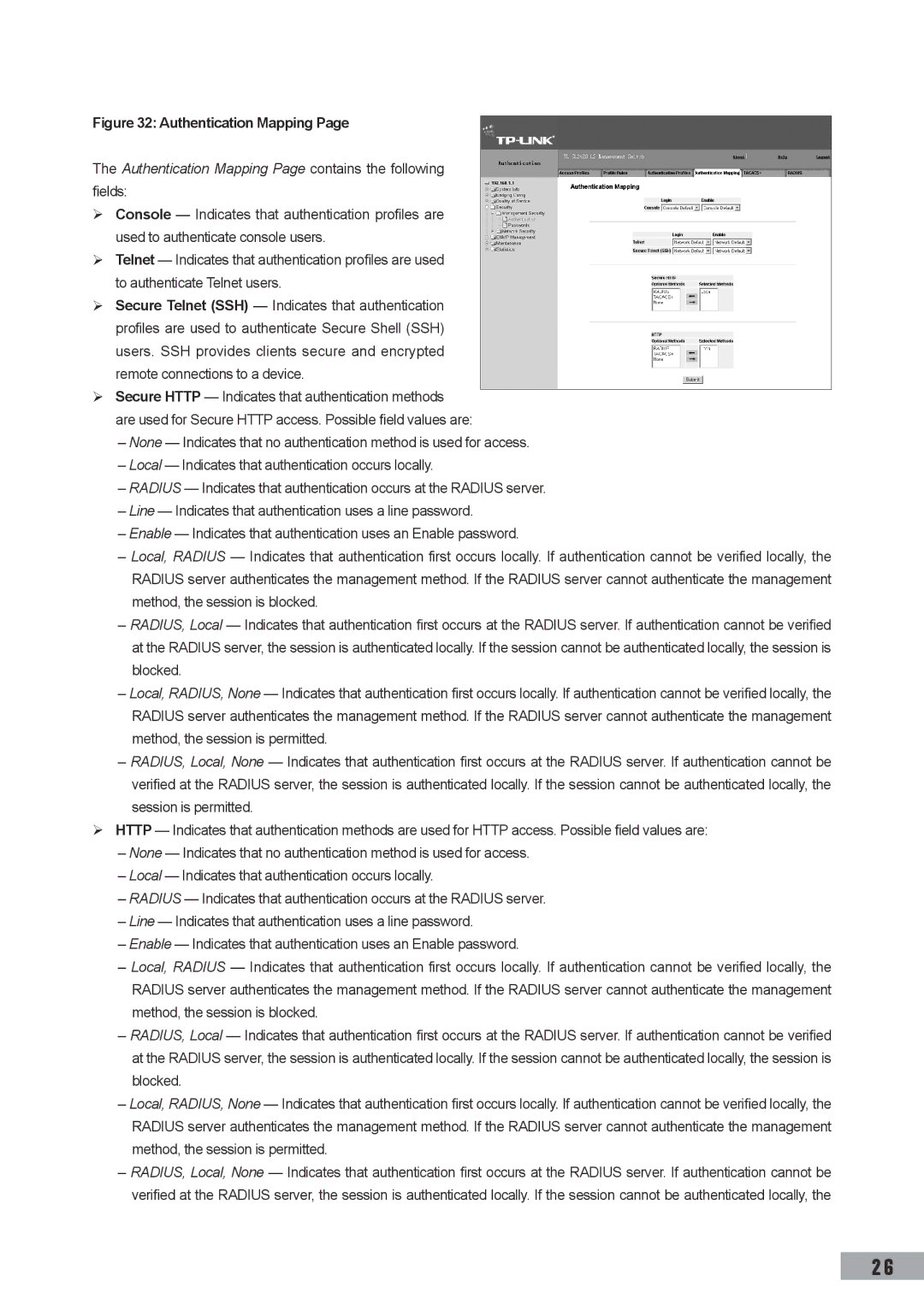 TP-Link TL-SL3452, TL-SL3428, TL-SG3109 manual Authentication Mapping Page contains the following fields 