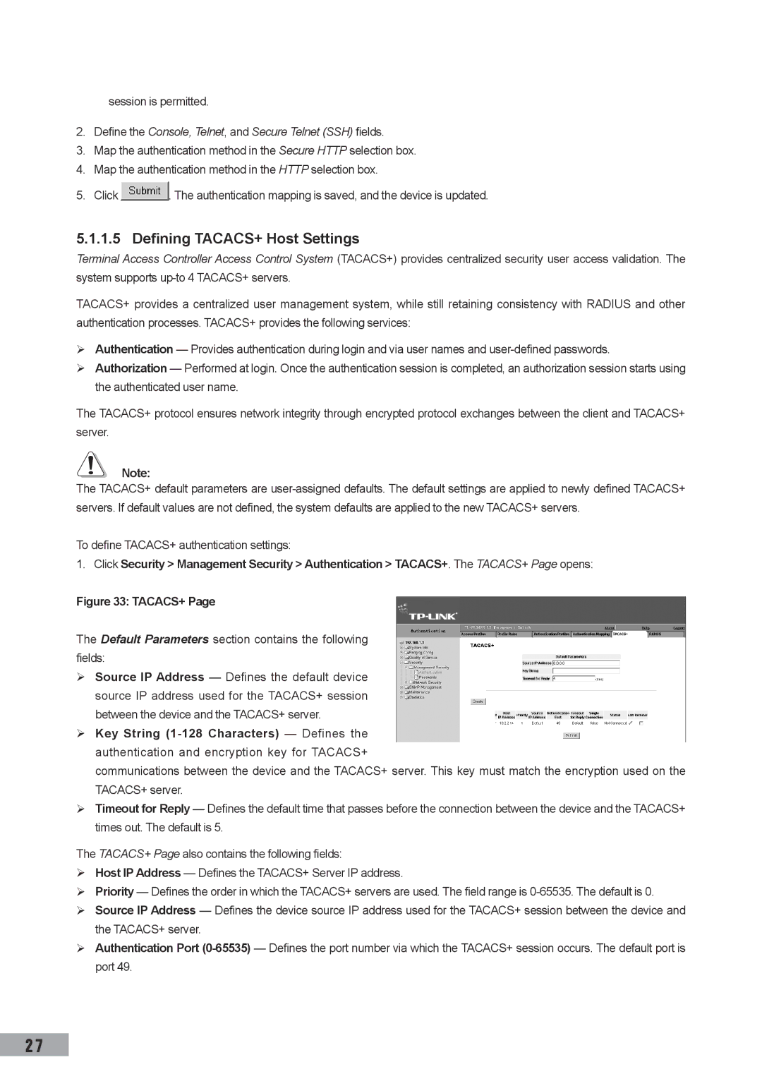 TP-Link TL-SL3428 manual Defining TACACS+ Host Settings, Session is permitted, To define TACACS+ authentication settings 