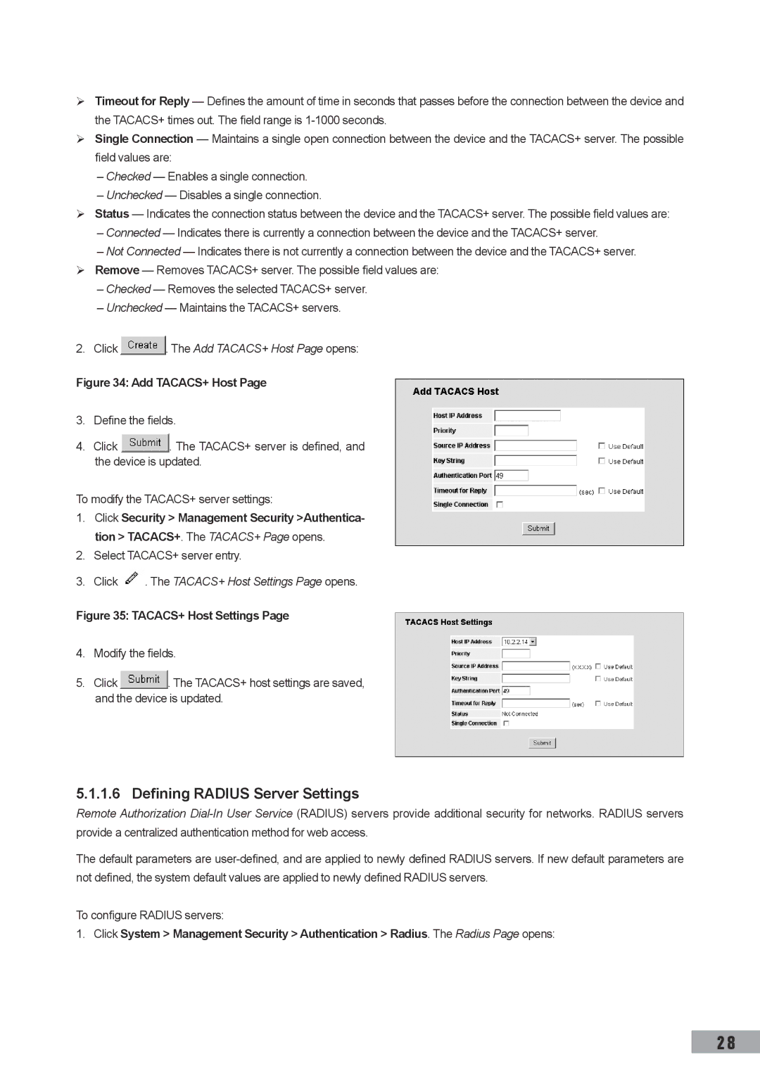 TP-Link TL-SG3109 Defining Radius Server Settings, Click . The Add TACACS+ Host Page opens, Select TACACS+ server entry 