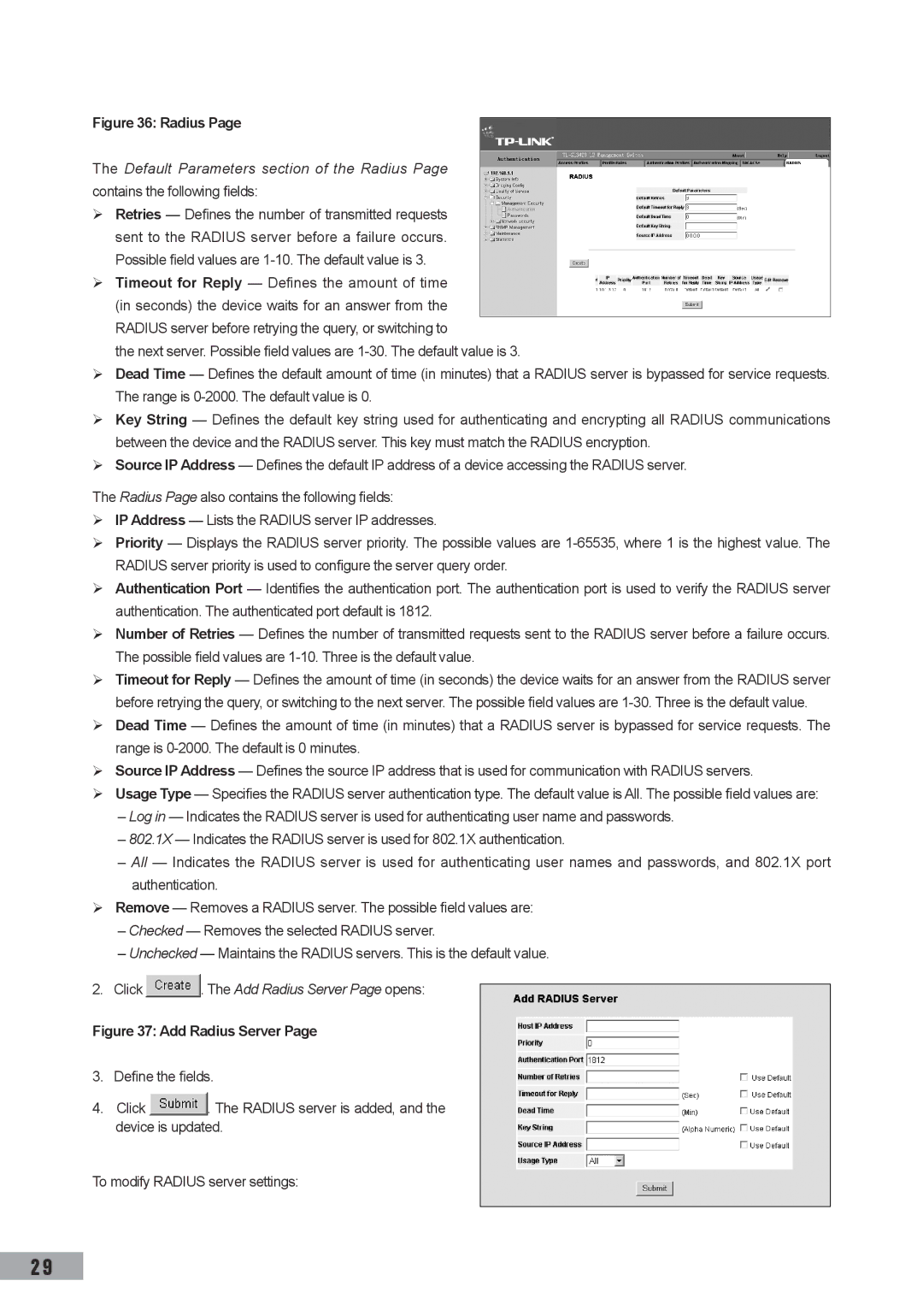 TP-Link TL-SL3452, TL-SL3428, TL-SG3109 manual Click . The Add Radius Server Page opens 