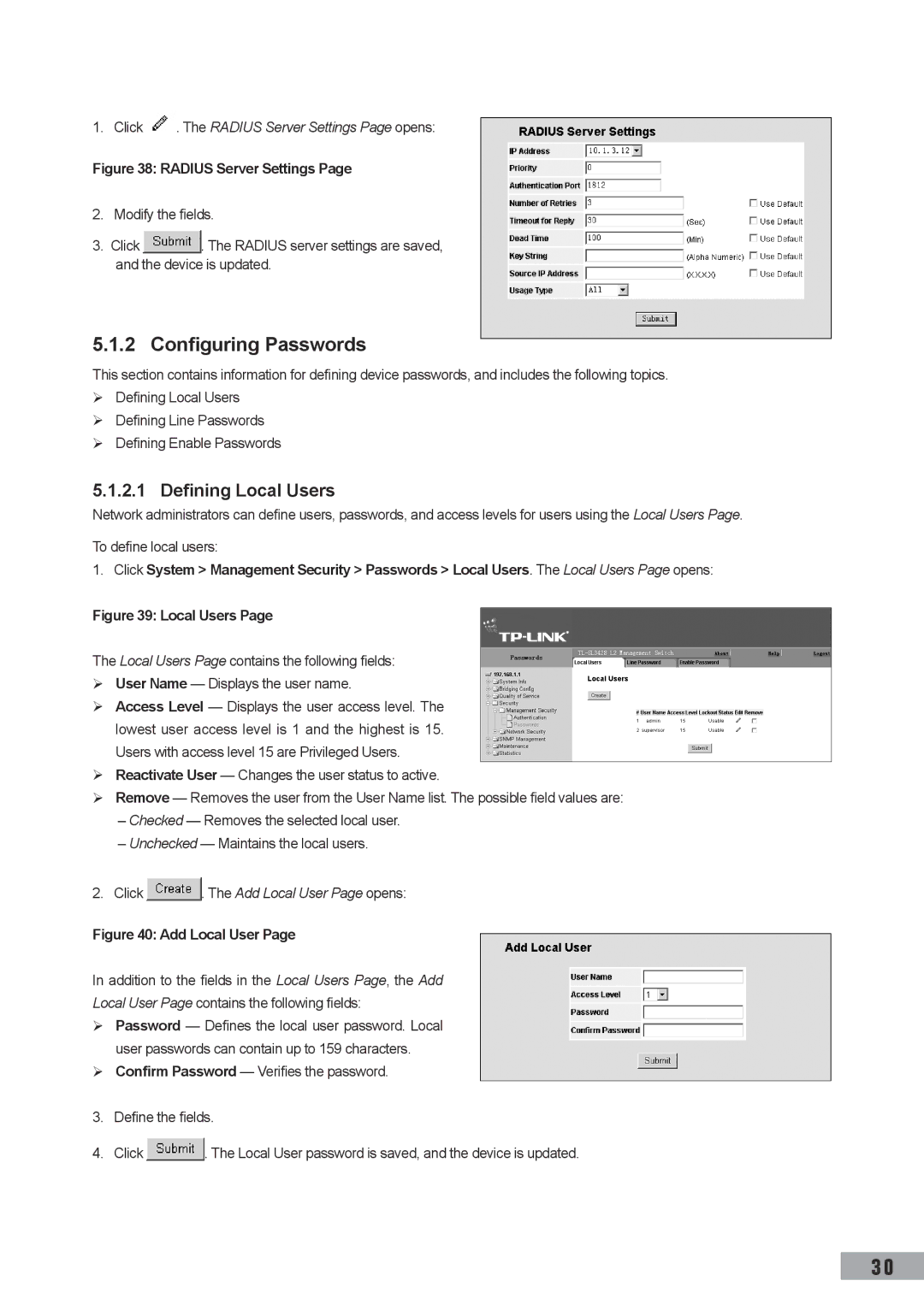 TP-Link TL-SL3428, TL-SL3452 Configuring Passwords, Defining Local Users, Click . The Radius Server Settings Page opens 