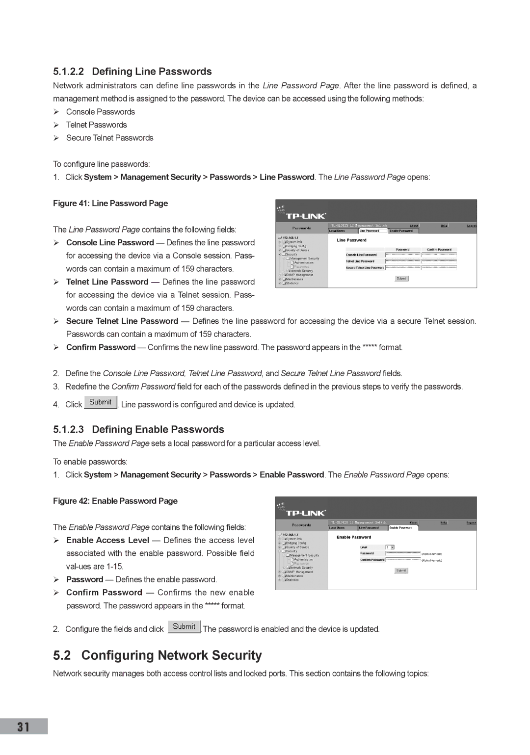 TP-Link TL-SG3109, TL-SL3452, TL-SL3428 Configuring Network Security, Defining Line Passwords, Defining Enable Passwords 