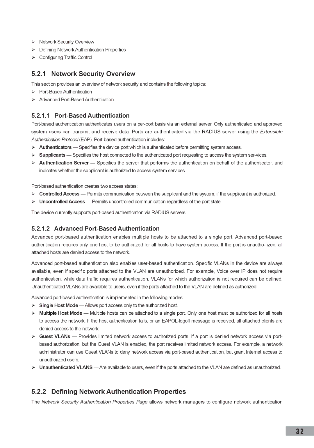 TP-Link TL-SL3452 manual Network Security Overview, Defining Network Authentication Properties, Port-Based Authentication 