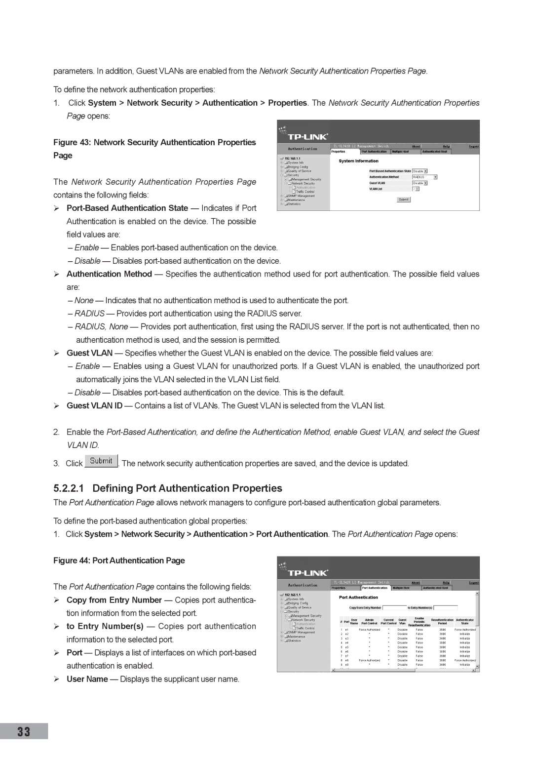 TP-Link TL-SL3428 manual Defining Port Authentication Properties, Port Authentication Page contains the following fields 