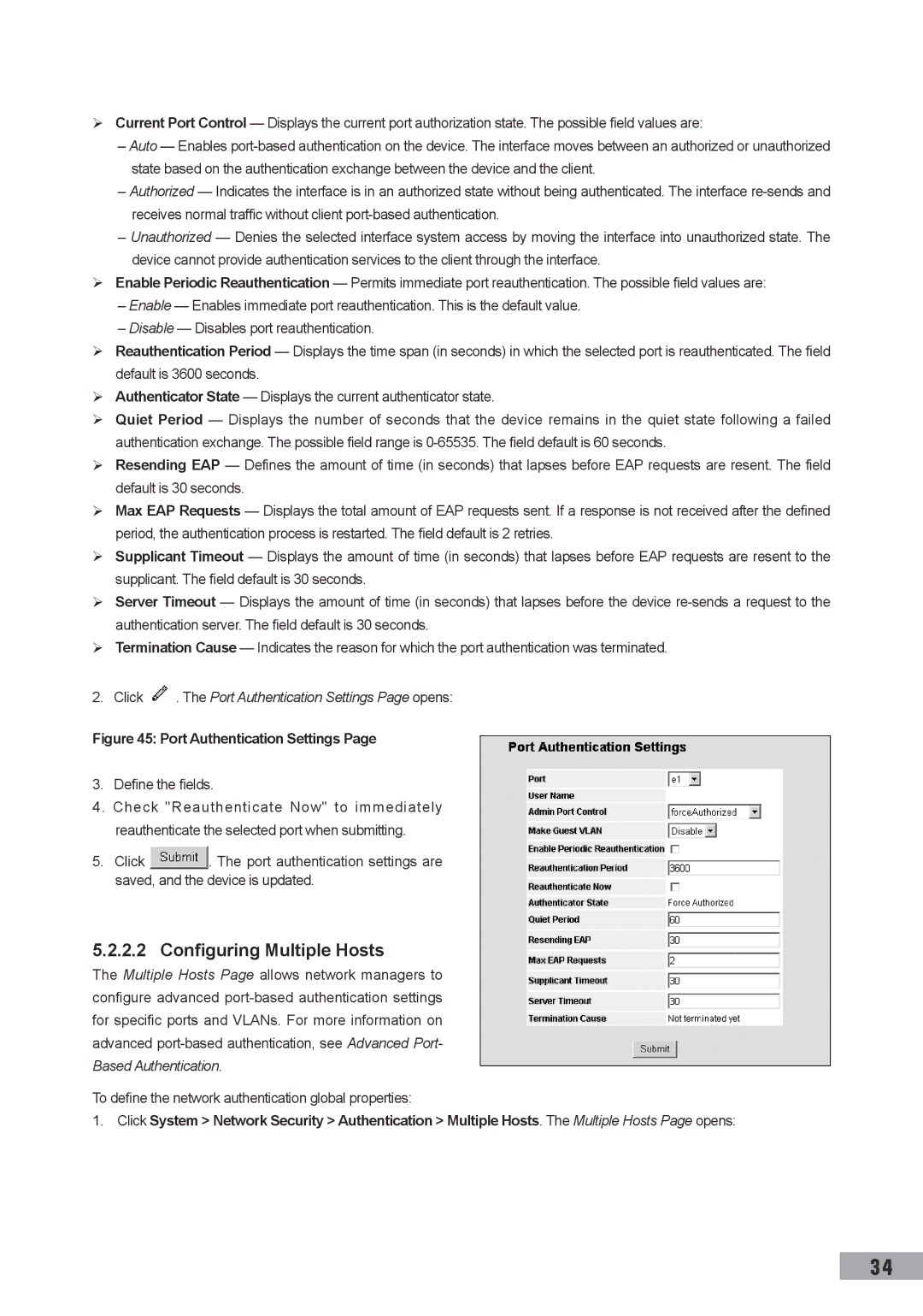 TP-Link TL-SG3109, TL-SL3452, TL-SL3428 Configuring Multiple Hosts, Click . The Port Authentication Settings Page opens 