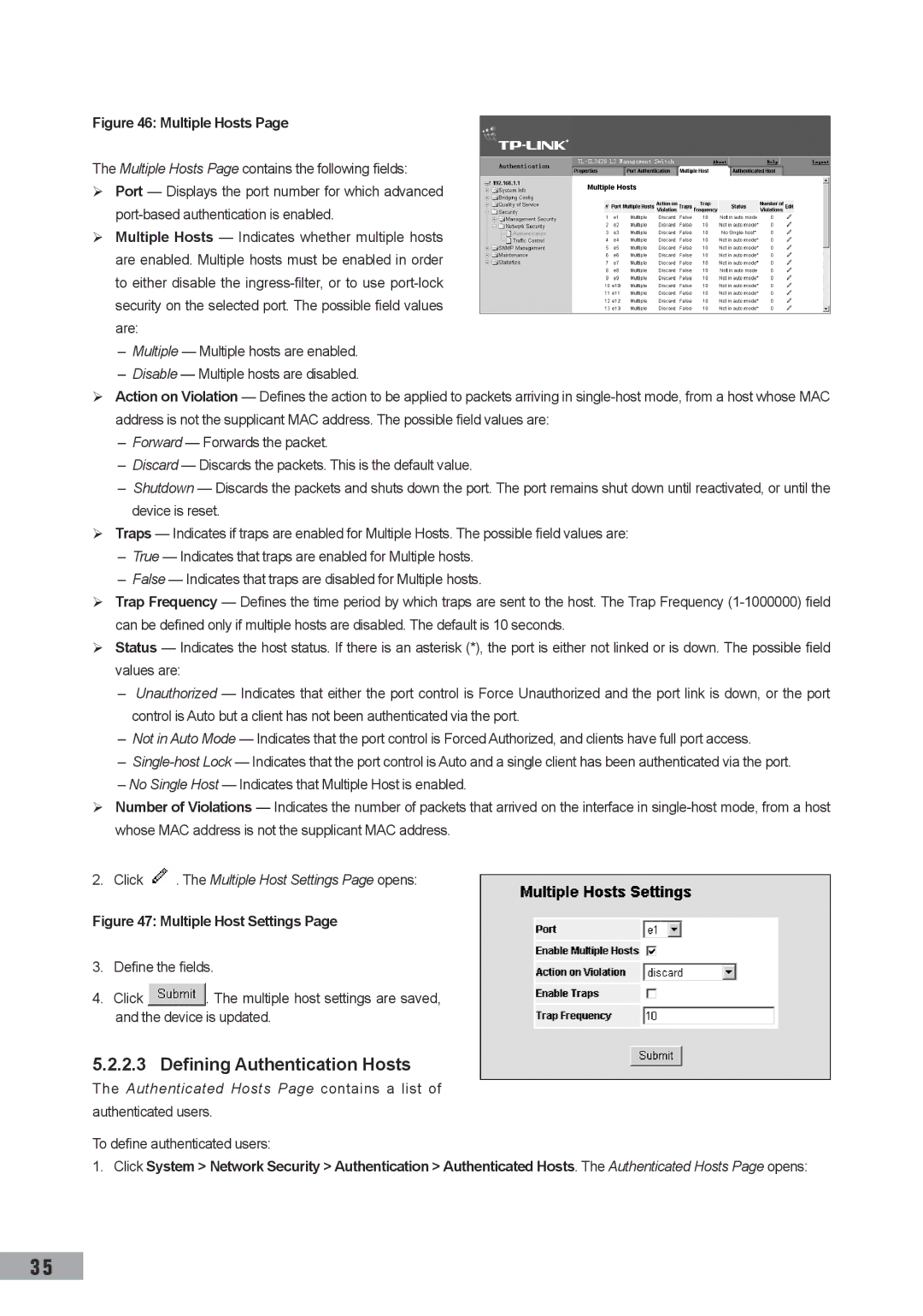 TP-Link TL-SL3452, TL-SL3428, TL-SG3109 manual Defining Authentication Hosts, Click . The Multiple Host Settings Page opens 