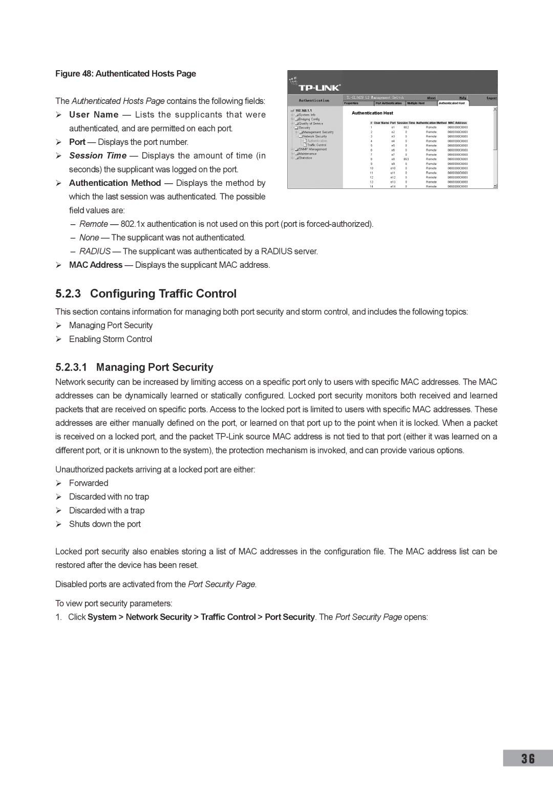 TP-Link TL-SL3428, TL-SL3452, TL-SG3109 manual Configuring Traffic Control, Managing Port Security 