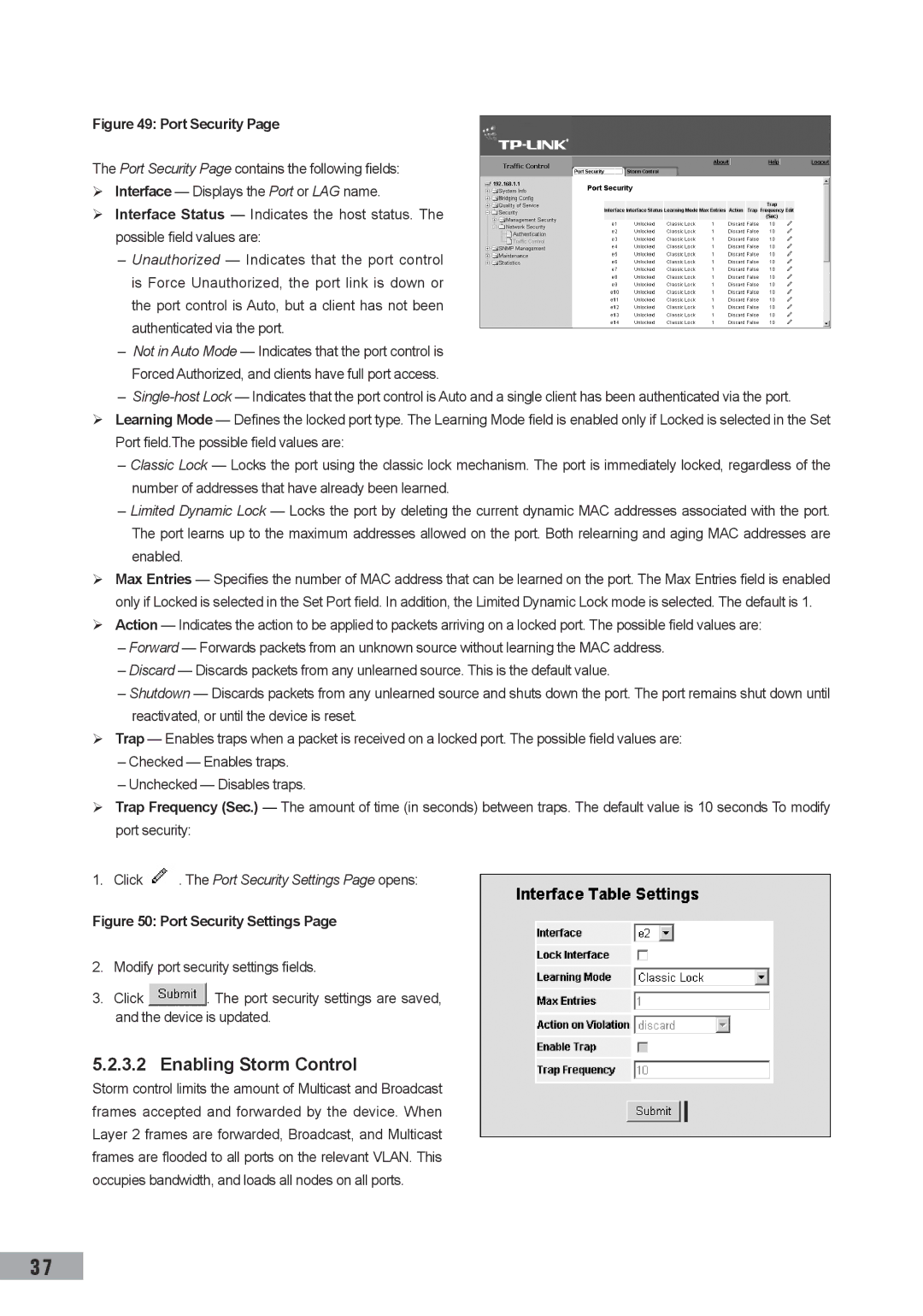 TP-Link TL-SG3109, TL-SL3452, TL-SL3428 manual Enabling Storm Control, Click . The Port Security Settings Page opens 