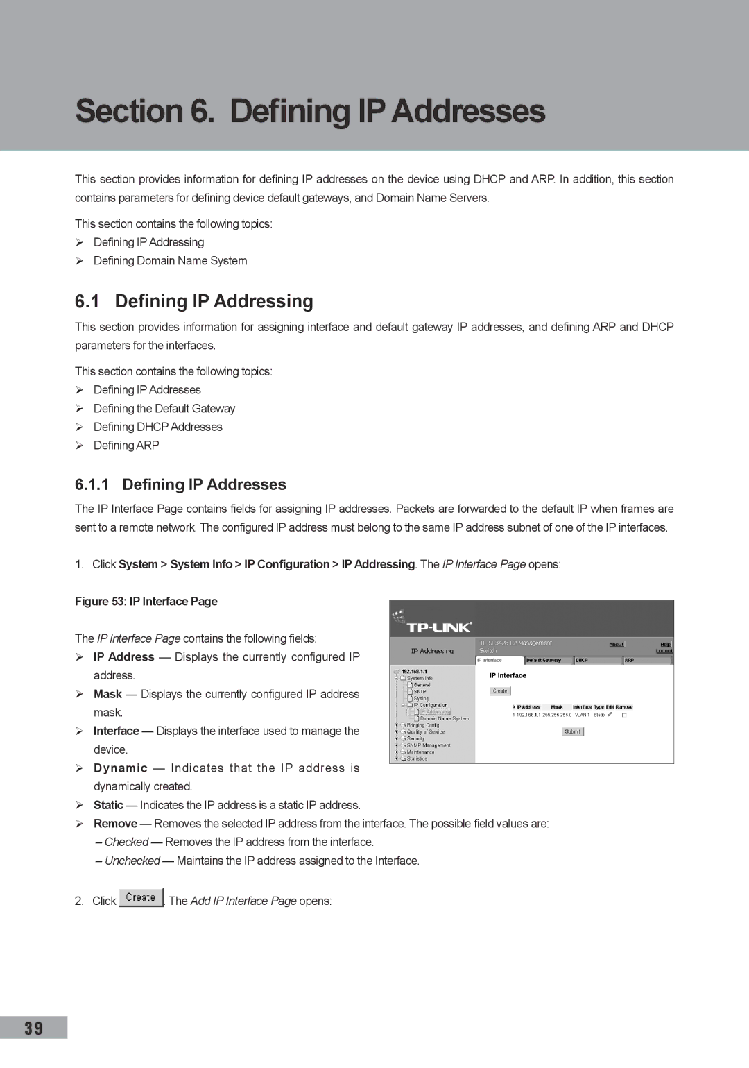 TP-Link TL-SL3428, TL-SL3452 manual Defining IP Addresses, Defining IP Addressing, Click . The Add IP Interface Page opens 