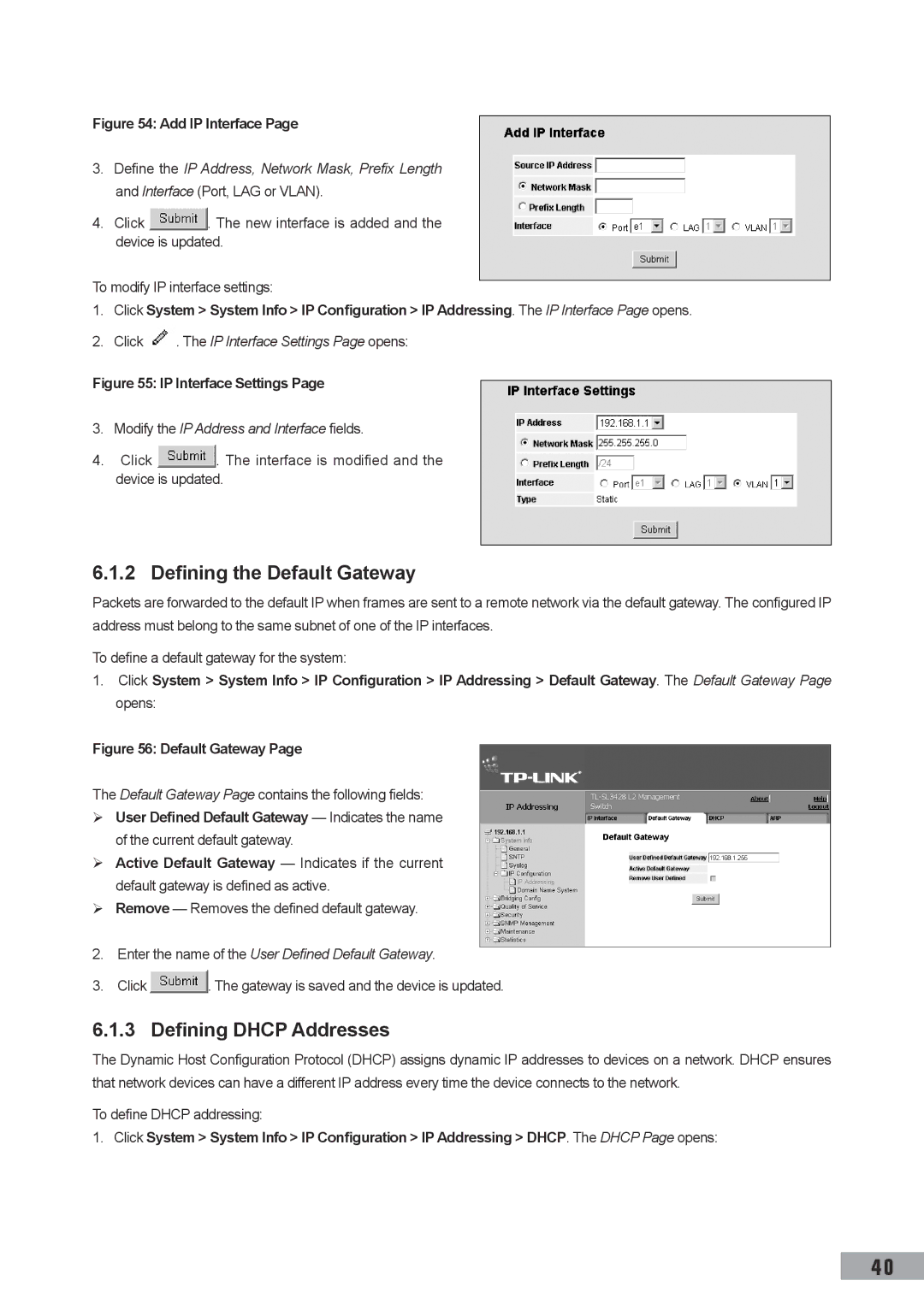 TP-Link TL-SG3109 Defining the Default Gateway, Defining Dhcp Addresses, Click . The IP Interface Settings Page opens 