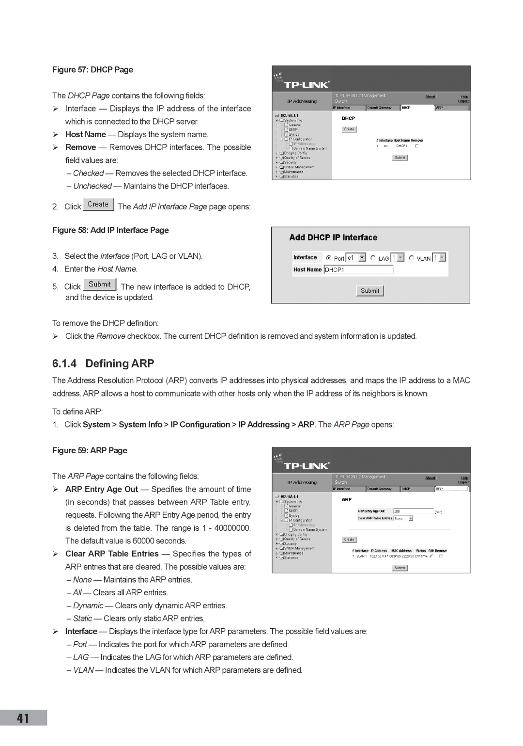 TP-Link TL-SL3452, TL-SL3428, TL-SG3109 manual Defining ARP, To define ARP, ARP Page contains the following fields 