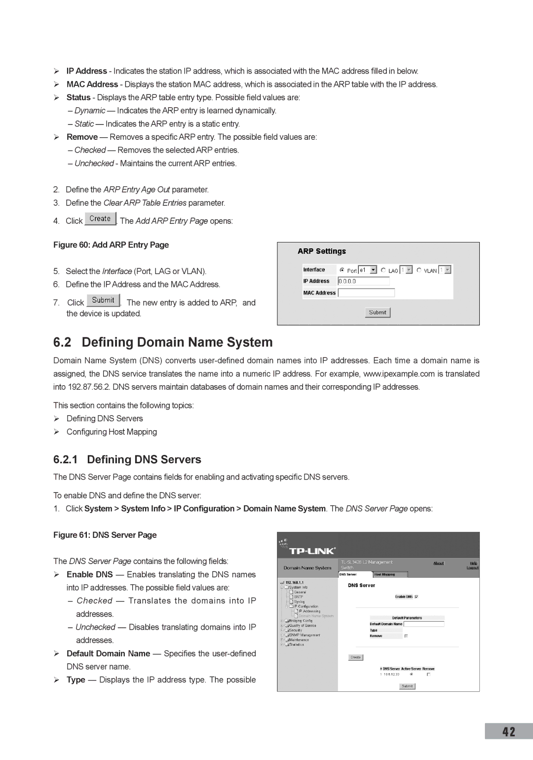 TP-Link TL-SL3428 manual Defining Domain Name System, Defining DNS Servers, DNS Server Page contains the following fields 