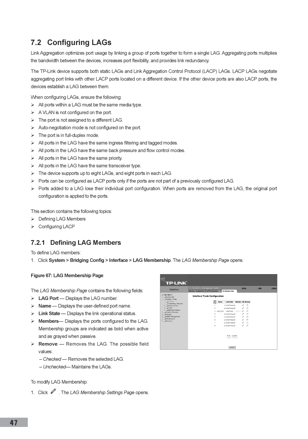 TP-Link TL-SL3452, TL-SL3428, TL-SG3109 manual Configuring LAGs, Defining LAG Members, To define LAG members 