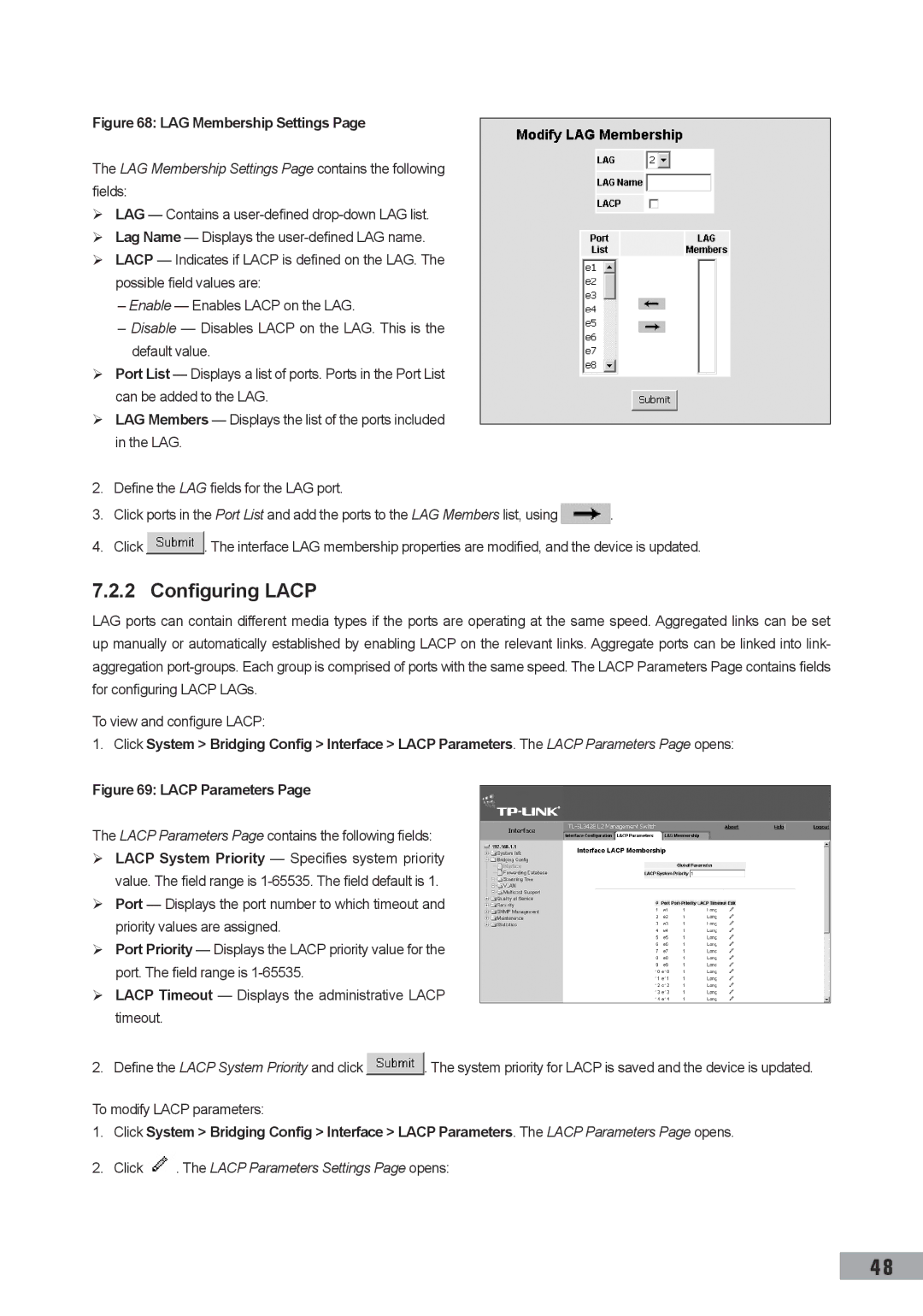 TP-Link TL-SL3428, TL-SL3452, TL-SG3109 manual Configuring Lacp, LAG Membership Settings Page contains the following fields 