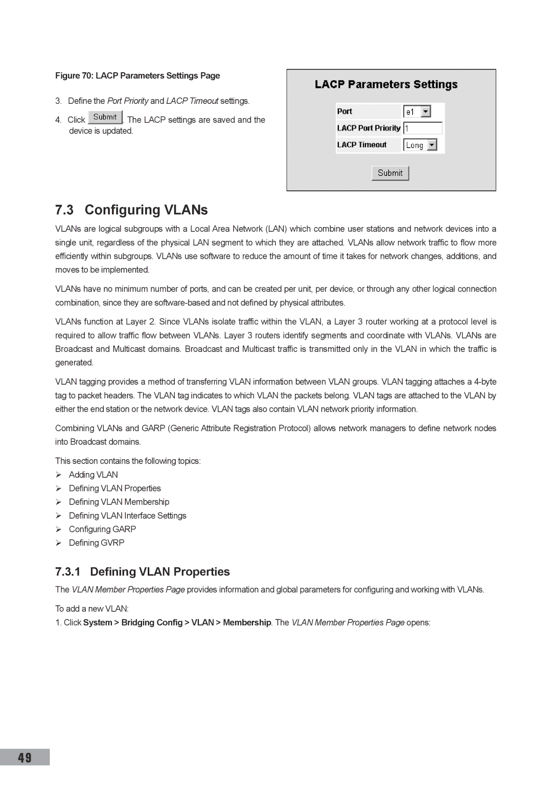 TP-Link TL-SG3109 manual Configuring VLANs, Defining Vlan Properties, Define the Port Priority and Lacp Timeout settings 