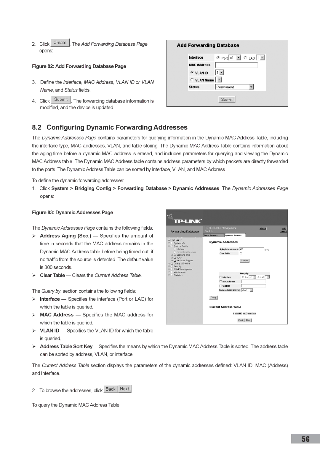 TP-Link TL-SL3452, TL-SL3428 manual Configuring Dynamic Forwarding Addresses, Click . The Add Forwarding Database Page opens 