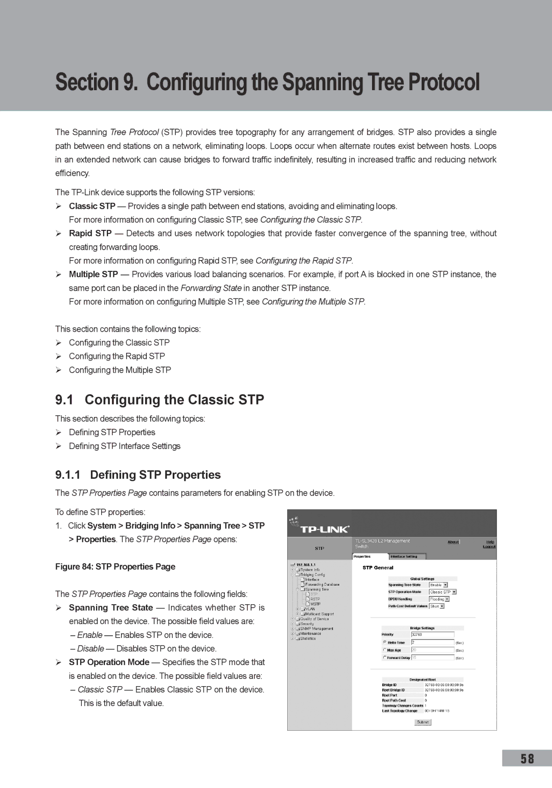 TP-Link TL-SG3109 manual Configuring the Classic STP, Defining STP Properties, Click System Bridging Info Spanning Tree STP 