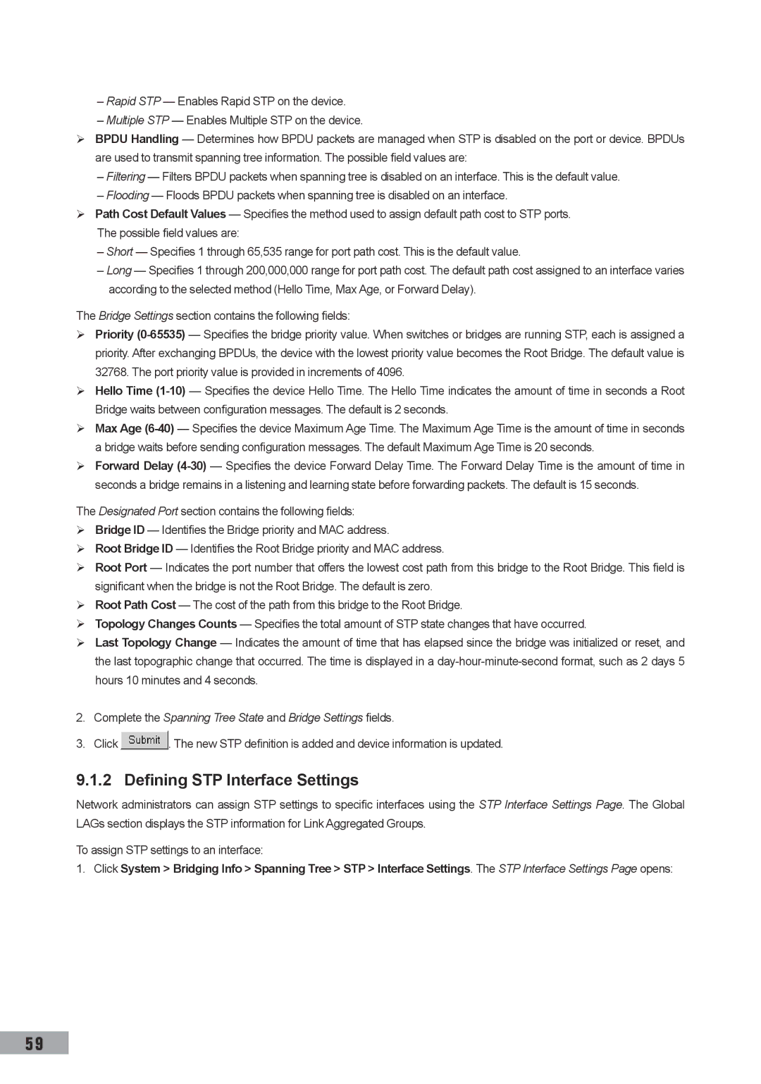 TP-Link TL-SL3452, TL-SL3428 Defining STP Interface Settings, Complete the Spanning Tree State and Bridge Settings fields 