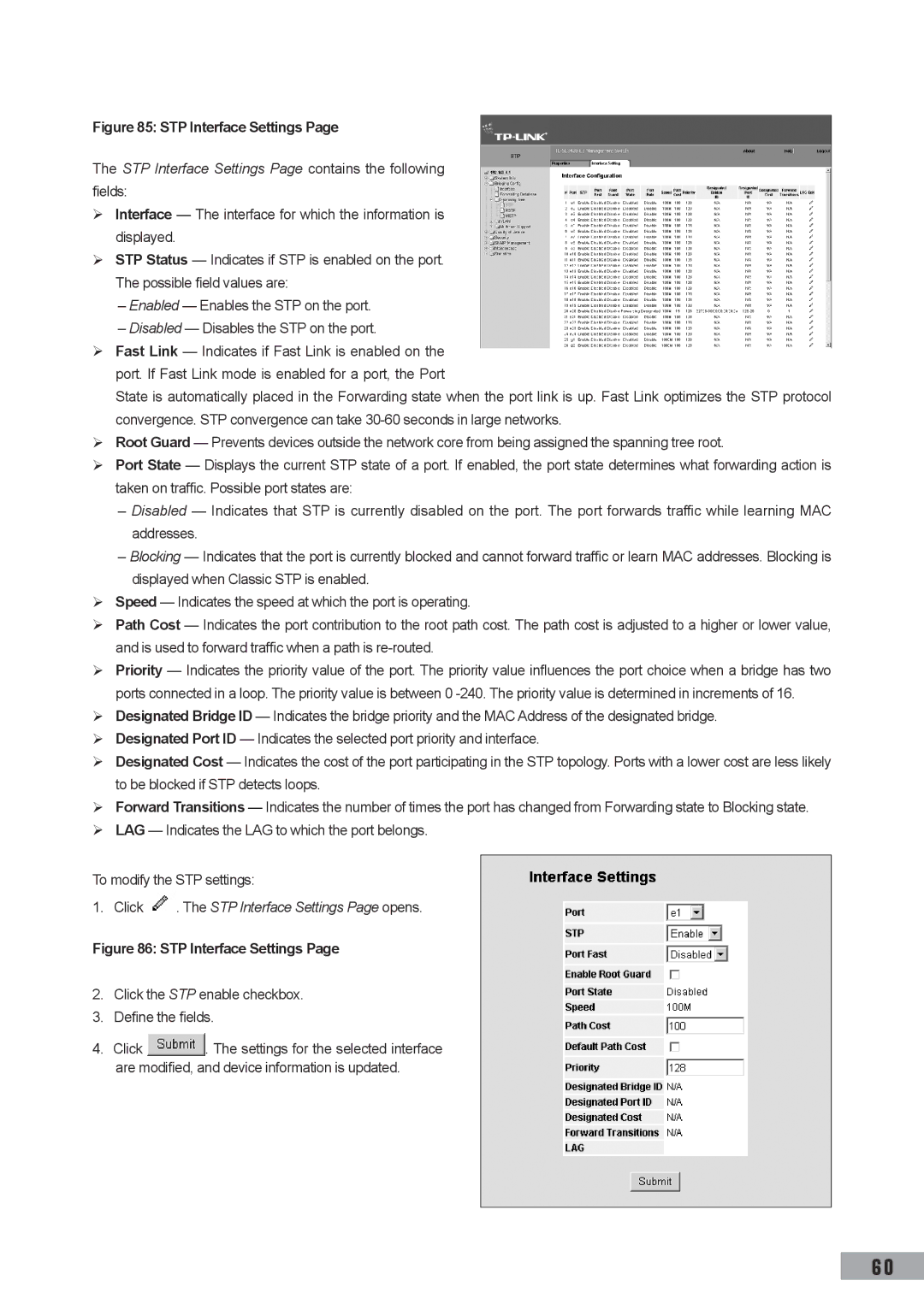 TP-Link TL-SL3428 STP Interface Settings Page contains the following fields, Click . The STP Interface Settings Page opens 