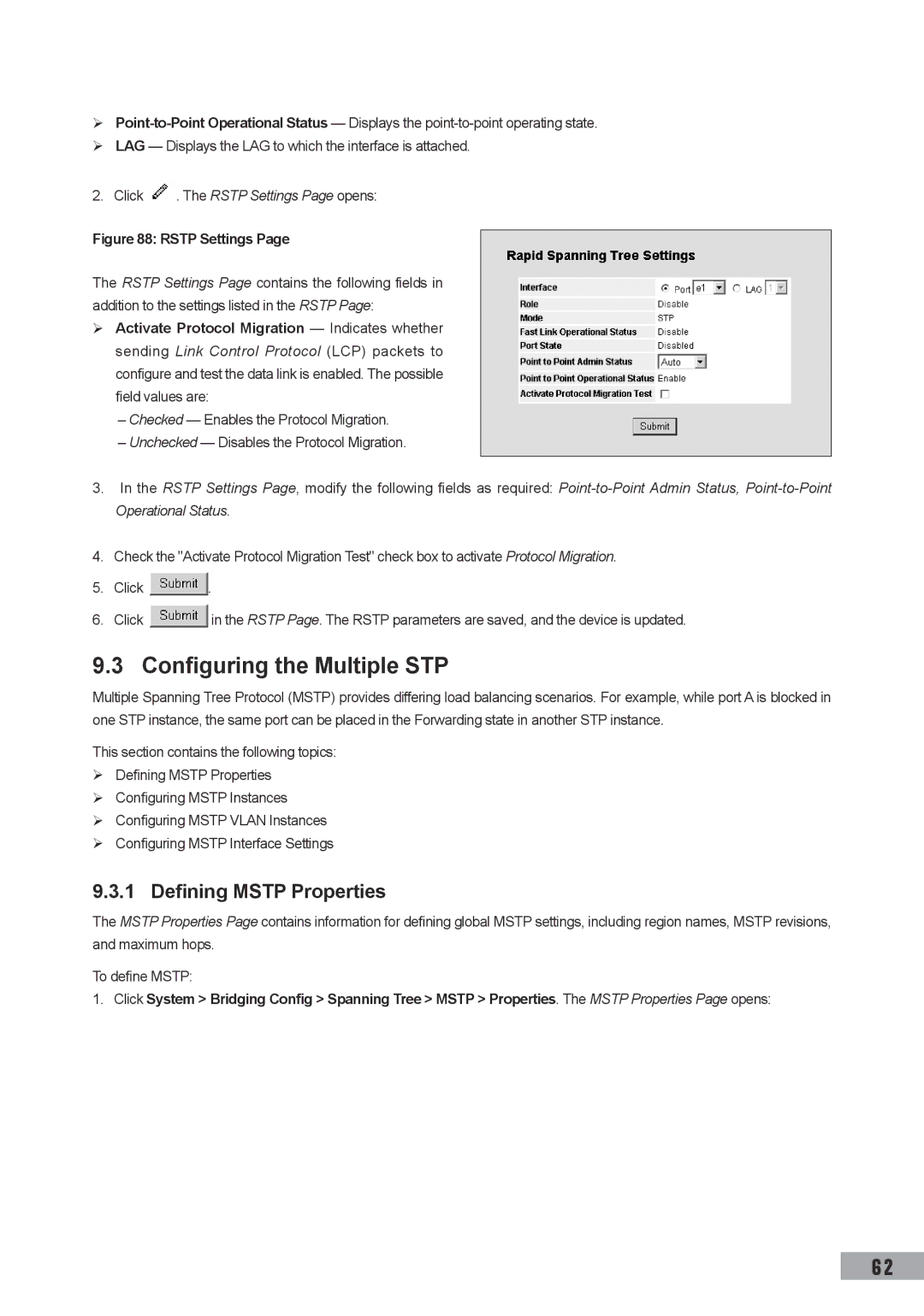 TP-Link TL-SL3452, TL-SL3428 Configuring the Multiple STP, Defining Mstp Properties, Click . The Rstp Settings Page opens 