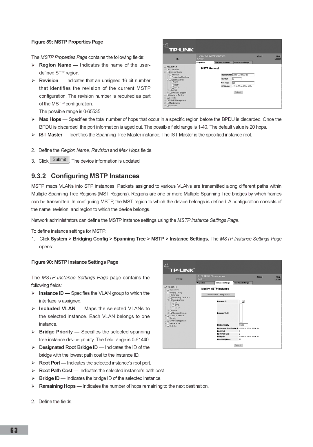 TP-Link TL-SL3428, TL-SL3452, TL-SG3109 Configuring Mstp Instances, Define the Region Name, Revision and Max Hops fields 