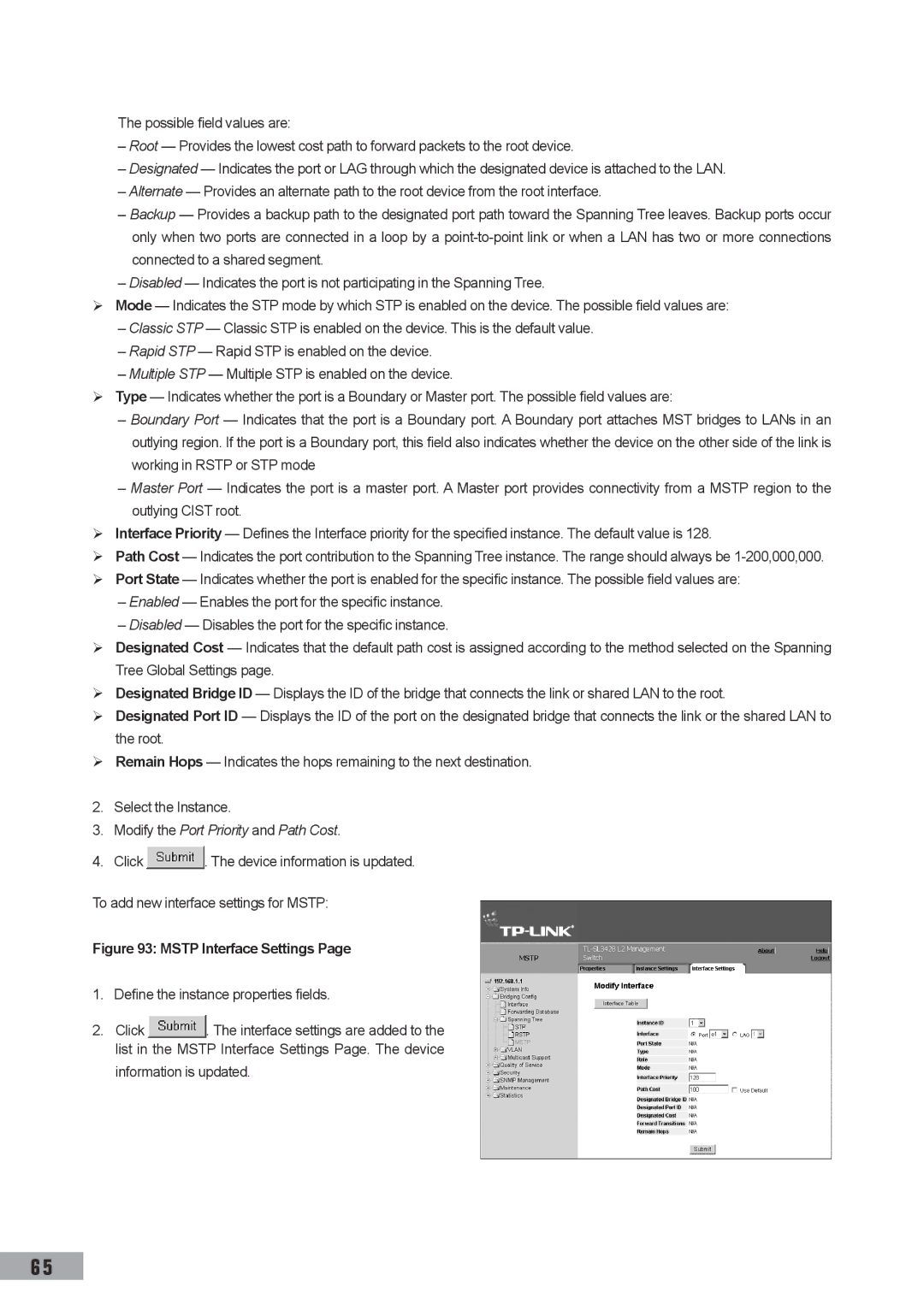 TP-Link TL-SL3452, TL-SL3428, TL-SG3109 manual Modify the Port Priority and Path Cost, Mstp Interface Settings 