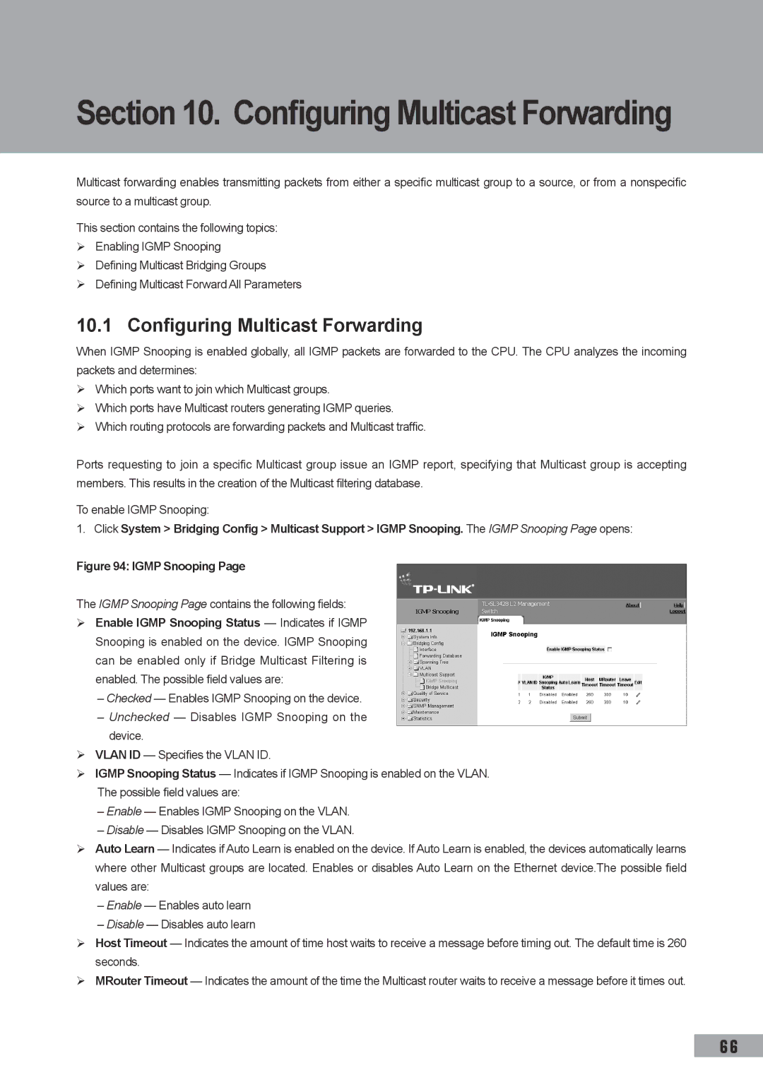 TP-Link TL-SL3428, TL-SL3452, TL-SG3109 Configuring Multicast Forwarding, Igmp Snooping Page contains the following fields 