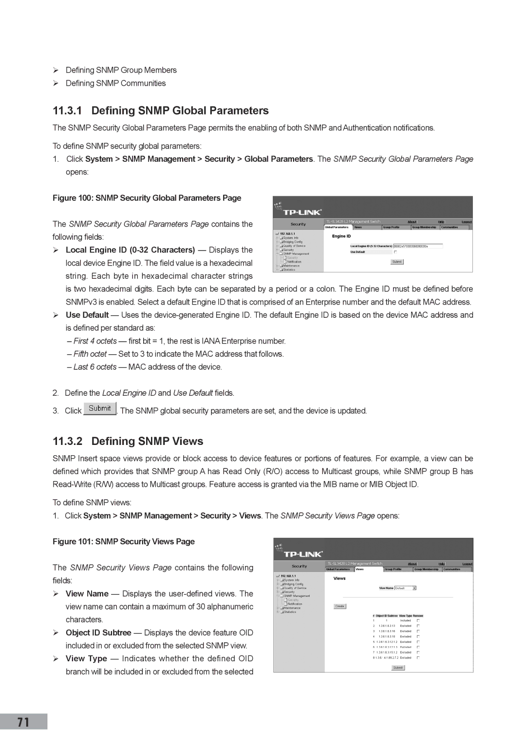 TP-Link TL-SL3452 Defining Snmp Global Parameters, Defining Snmp Views, Define the Local Engine ID and Use Default fields 