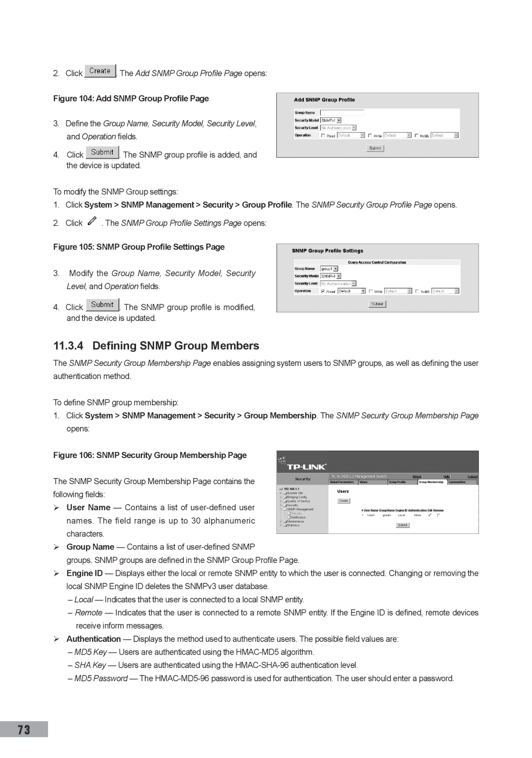 TP-Link TL-SG3109, TL-SL3452, TL-SL3428 manual Defining Snmp Group Members, Click . The Add Snmp Group Profile Page opens 