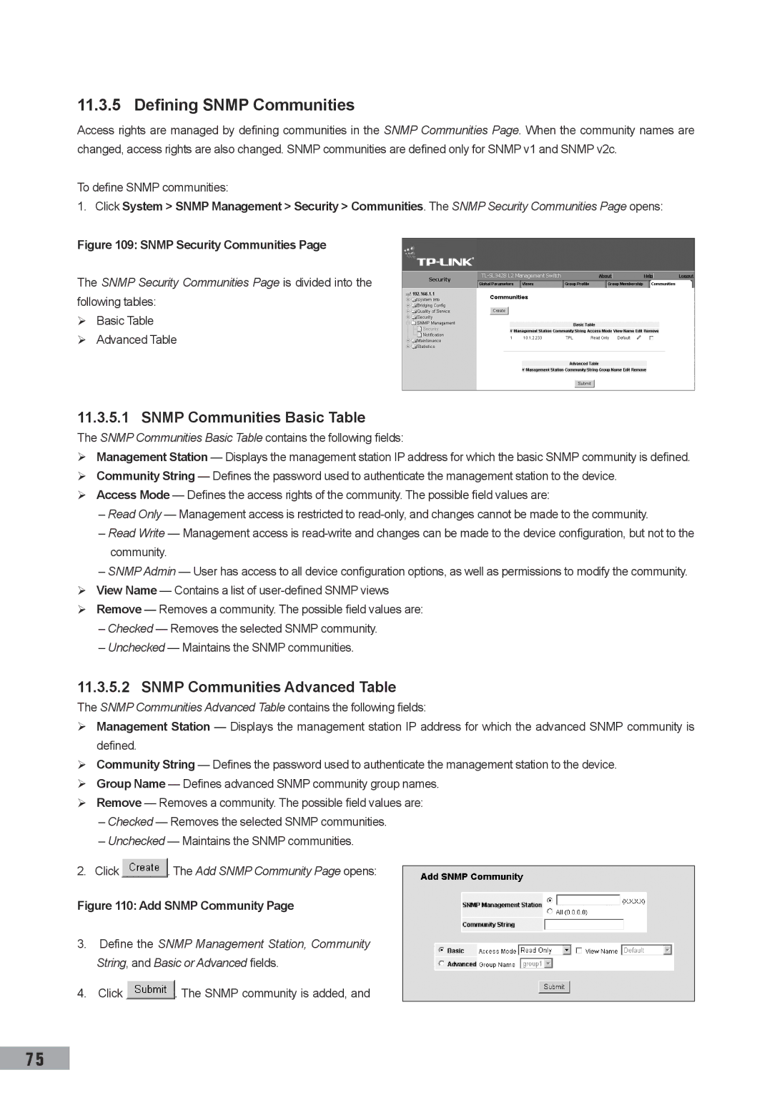 TP-Link TL-SL3428, TL-SL3452 manual Defining Snmp Communities, Snmp Communities Basic Table, Snmp Communities Advanced Table 