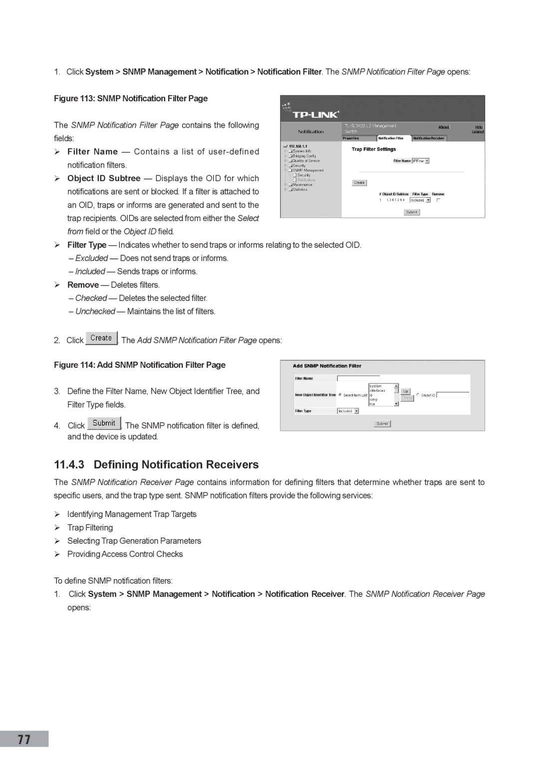 TP-Link TL-SL3452, TL-SL3428 Defining Notification Receivers, Snmp Notification FiIter Page contains the following fields 