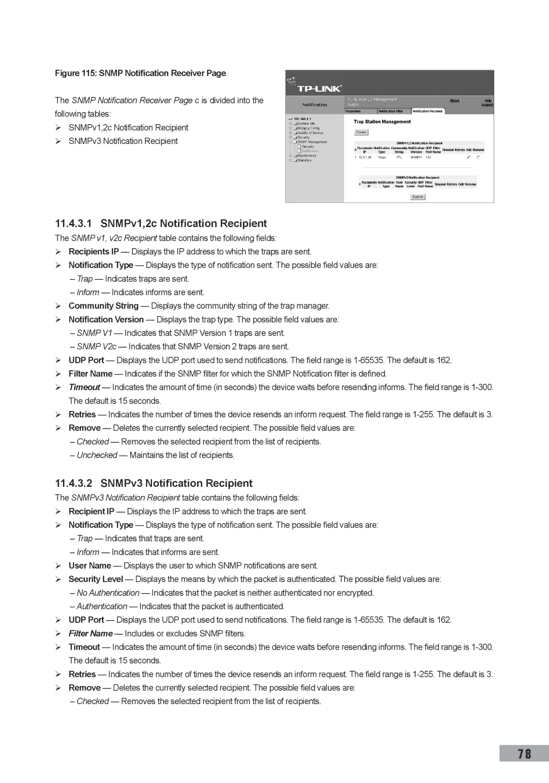 TP-Link TL-SL3428, TL-SL3452, TL-SG3109 manual SNMPv1,2c Notification Recipient, SNMPv3 Notification Recipient 