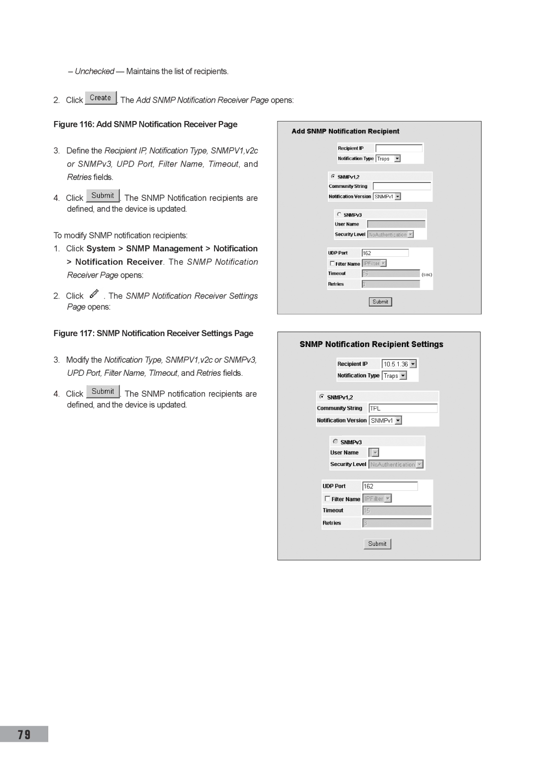 TP-Link TL-SG3109, TL-SL3452, TL-SL3428 manual Click . The Add Snmp Notification Receiver Page opens 