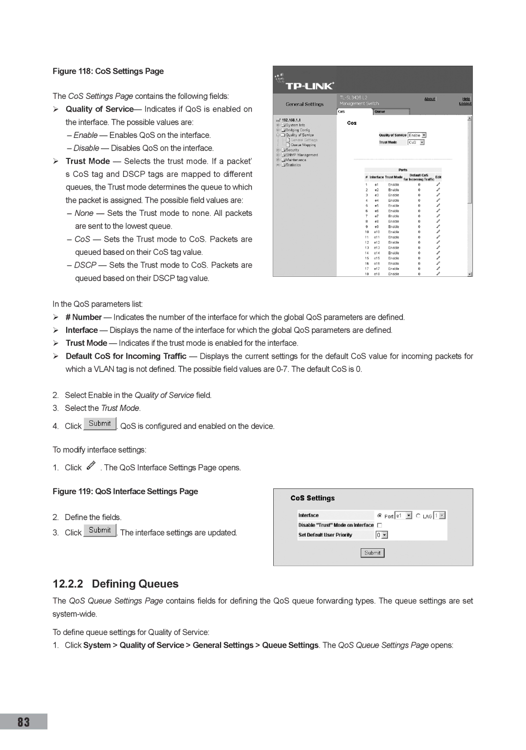 TP-Link TL-SL3452, TL-SL3428, TL-SG3109 manual Defining Queues, CoS Settings 