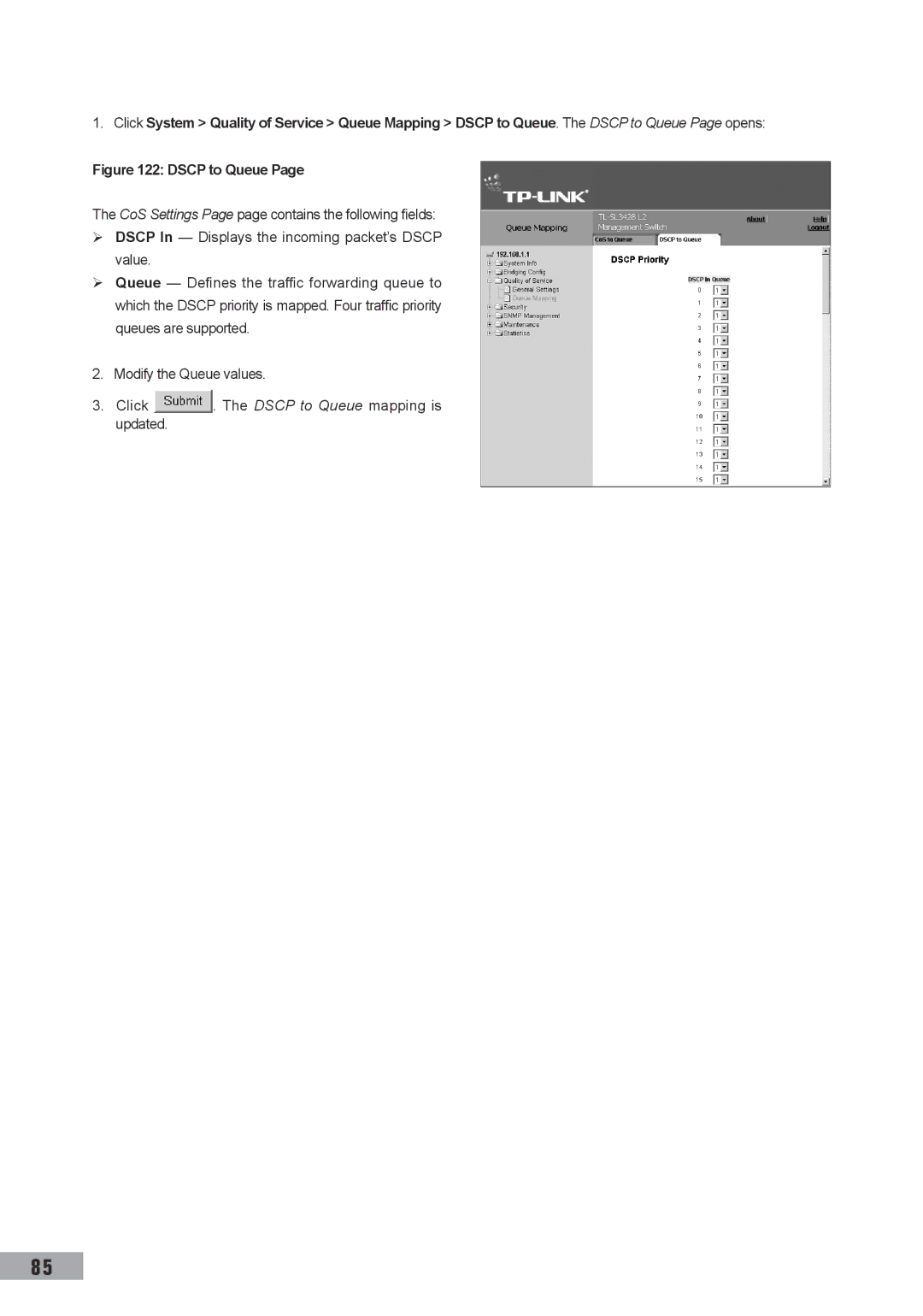 TP-Link TL-SG3109, TL-SL3452, TL-SL3428 manual Dscp to Queue 